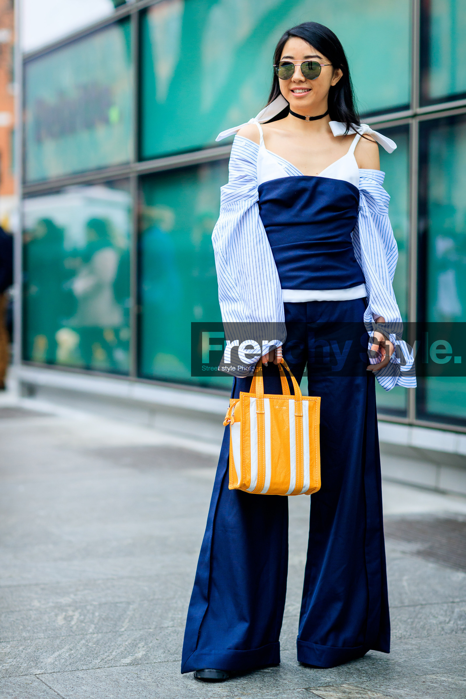 AUTUMN WINTER 2017-2018, AW 17-18, balenciaga, black boots, black shoes, blue shirt, bustier top, choker, FALL WINTER 2017-2018, fashion week, frenchystyle, full length, FW, FW 17-18, graphic bag, jonathan paciullo, leather bag, leather shoes, MFW, MILAN, navy pants, necklace, off the shoulder, printed bag, street style, striped bag, sunglasses, trousers, vertical, wide pants, yellow bag