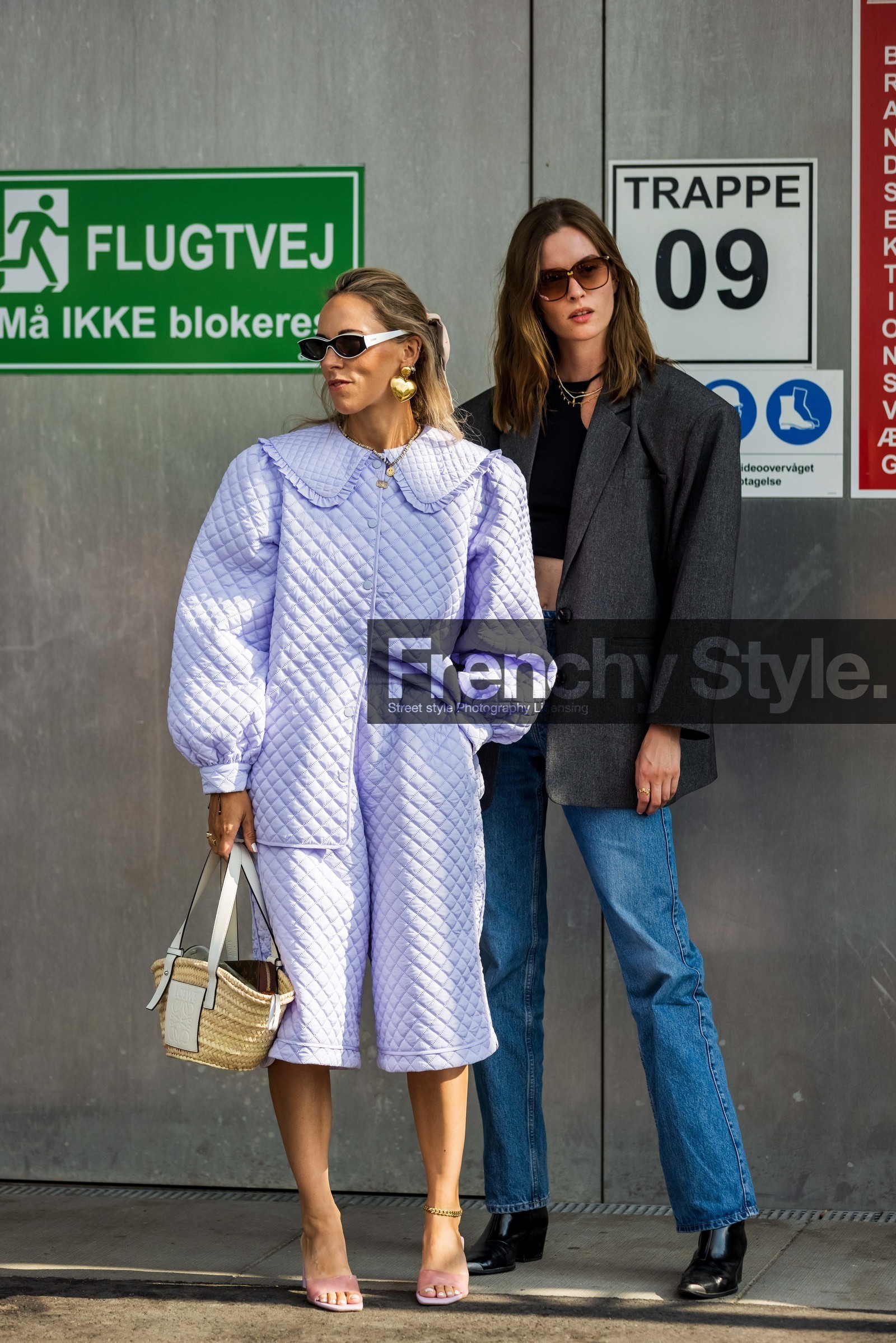 ankle bracelet, balenciaga earrings, basket bag, bermuda, black boots, black crop top, blazer, blue jean, boots, brown sunglasses, crop top, cut out top, denim, duo, earrings, gold chain, gold earrings, grey blazer, heart earrings, jacket, jean, leather boots, lila jacket, loewe bag, pink sandals, quilted bermuda, quilted jacket, sandals, santiags, statement collar, straight jean, sunglasses, transparent sandals, white sunglasses, fashion week, frenchystyle, FW, jonathan paciullo, street style, SPRING SUMMER 2022, SS 22, COPENHAGEN, CPHFW, vertical, full length