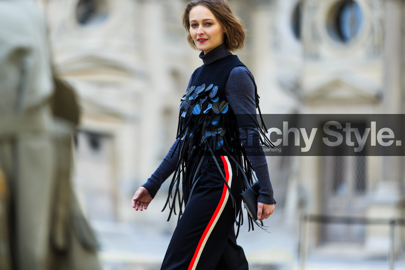 atmosphere details, AUTUMN WINTER 2016-2017, AW 16-17, black pants, black top, daria shapovalova, detail, embroidered top, FALL WINTER 2016-2017, fashion week, frenchystyle, fringes, FW, FW 16-17, graphic pants, grey turtleneck, horizontal, jonathan paciullo, leather top, PARIS, PFW, printed pants, red lips, street style, striped pants, trousers