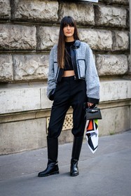 grey bomber jacket, black top, mini birkin bag, black bag, black trousers, black boots, hermes boots, printed scarf, white scarf, black top, fringe, mini bag, leia sfez, street style, jonathan paciullo, FW, frenchystyle, fashion week, AUTUMN WINTER 2022-2023, FALL WINTER 2022_2023, FW 22-23, PFW, PARIS, full length, vertical