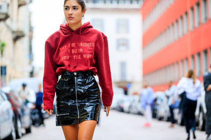 atmosphere details, black skirt, detail, fashion week, frenchystyle, FW, hoodie, horizontal, jonathan paciullo, MFW, MILAN, patricia manfield, red sweater, SPRING SUMMER 2017, SS 17, street style, varnished leather, vêtements