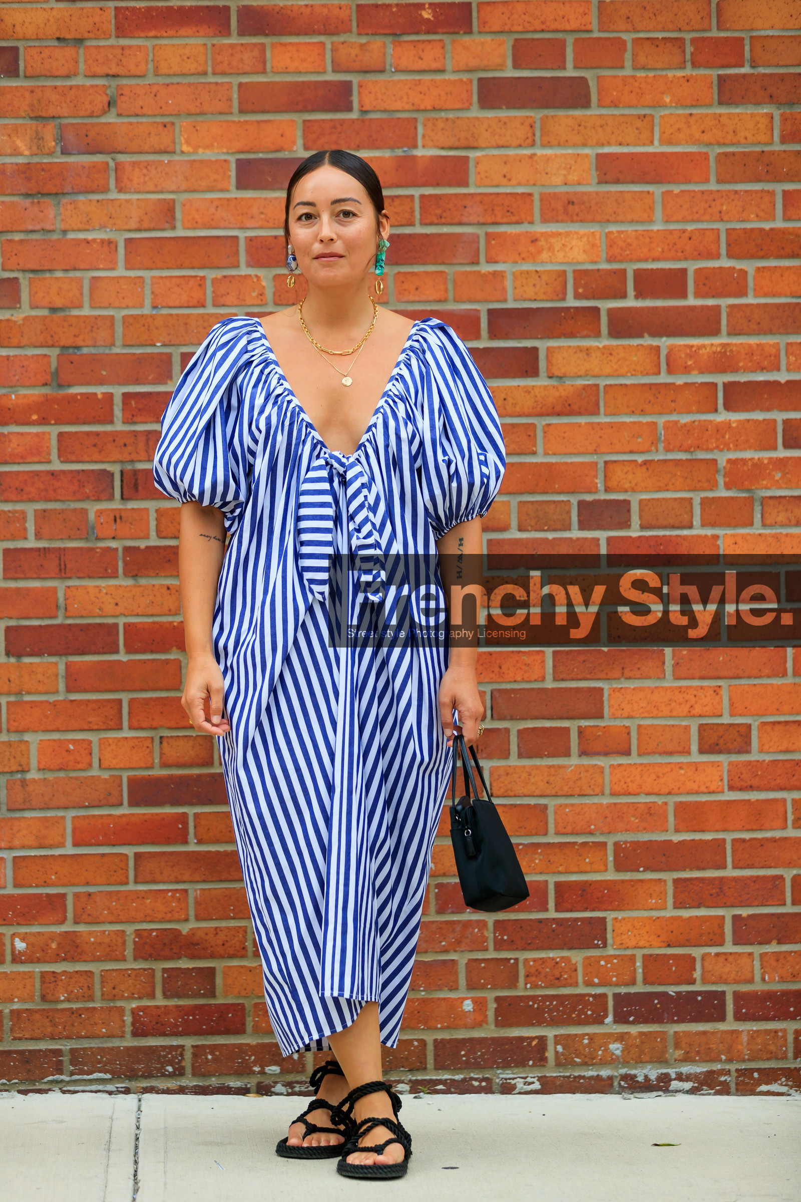 black bag, black shoes, blue dress, earrings, graphic dress, leather bag, leather shoes, printed dress, rachael wang, striped dress, street style, jonathan paciullo, FW, frenchystyle, fashion week, NEW YORK, NYFW, SPRING SUMMER 2020, SS 20, vertical, full length