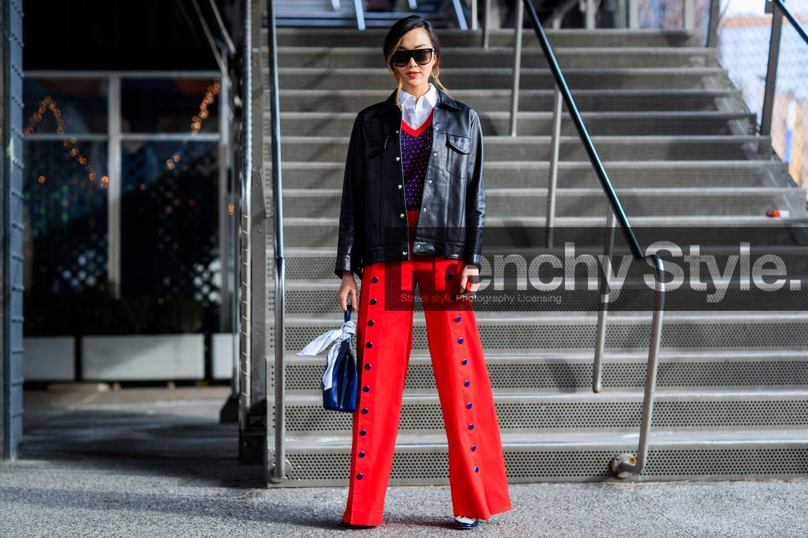 atmosphere details, AUTUMN WINTER 2017-2018, AW 17-18, bandana, black bag, black jacket, blue bag, blue sweater, Chriselle Lim, FALL WINTER 2017-2018, fashion week, frenchystyle, full length, FW, FW 17-18, horizontal, jonathan paciullo, leather bag, leather jacket, NEW YORK, NYFW, printed sweater, red lips, red pants, street style, sunglasses, trousers, white shirt