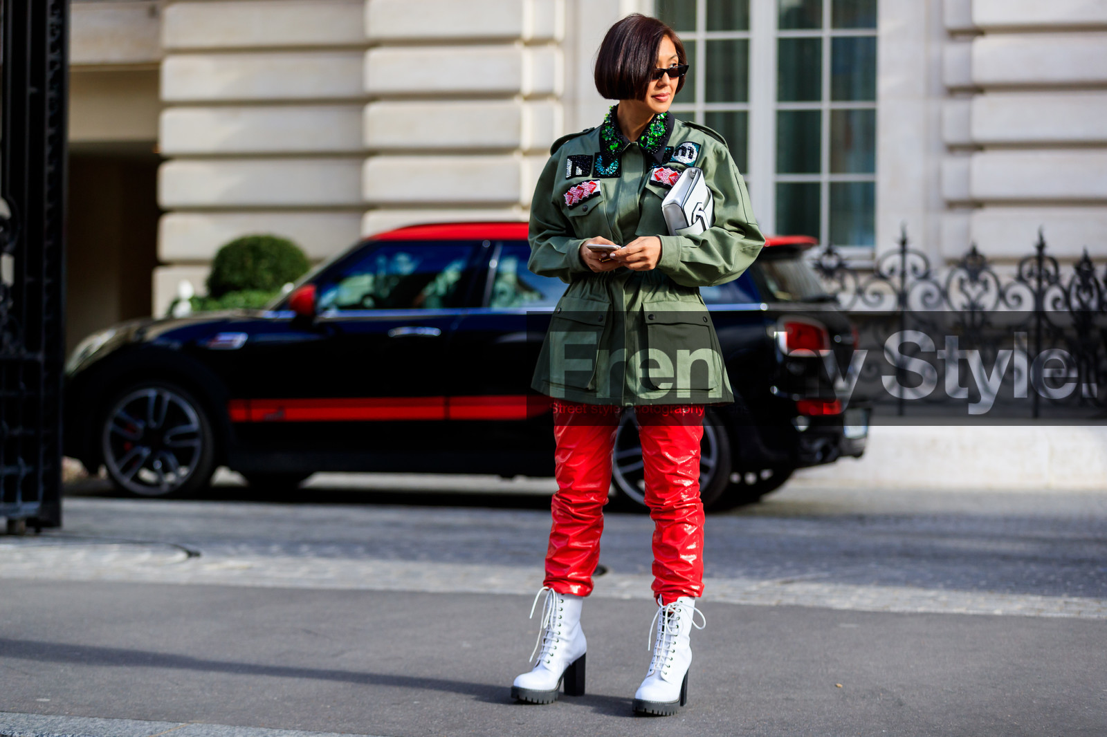 embroidered jacket, graphic jacket, green jacket, high heels, leather pants, leather shoes, miu miu, printed jacket, red pants, sunglasses, trousers, white bag, white boots, street style, jonathan paciullo, FW, frenchystyle, fashion week, PFW, PARIS, AUTUMN WINTER 2018-2019, FALL WINTER 2018-2019, FW 18-19, horizontal, atmosphere details, full length, liz yu