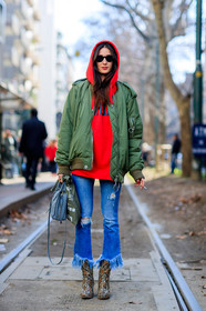 animal print, AUTUMN WINTER 2017-2018, AW 17-18, blue denim, bomber jacket, brown boots, denim pants, FALL WINTER 2017-2018, fashion week, frenchystyle, full length, FW, FW 17-18, green jacket, grey bag, high heels, hoodie, jeans, jonathan paciullo, leather bag, leather shoes, MFW, MILAN, off white, ripped pants, snake print, street style, sunglasses, trousers, vertical