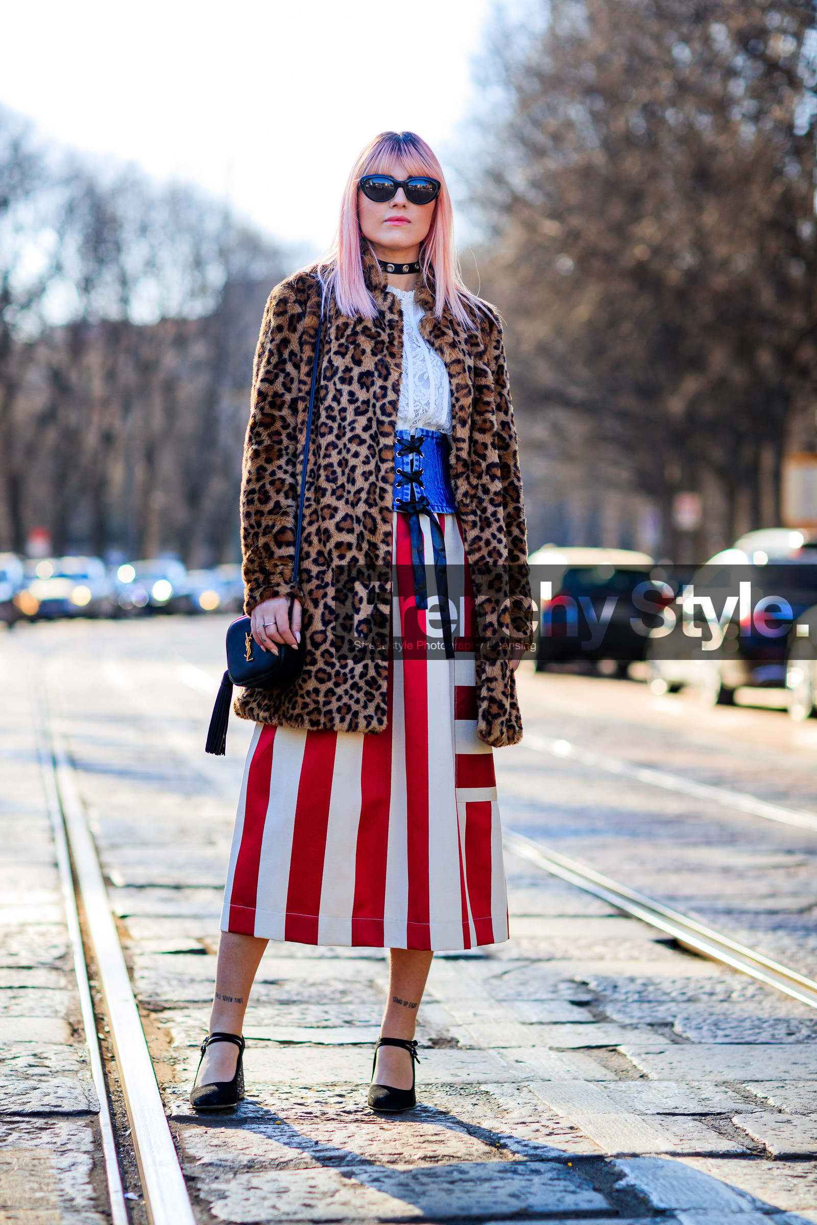 animal print, AUTUMN WINTER 2017-2018, AW 17-18, belt, black bag, black shoes, blue denim, choker, FALL WINTER 2017-2018, fashion week, frenchystyle, full length, FW, FW 17-18, geometric, graphic jacket, graphic skirt, high heels, jonathan paciullo, leather bag, leather shoes, leopard print, MFW, MILAN, necklace, printed jacket, printed skirt, red skirt, saint laurent paris, street style, striped skirt, sunglasses, tattoos, vertical, white shirt