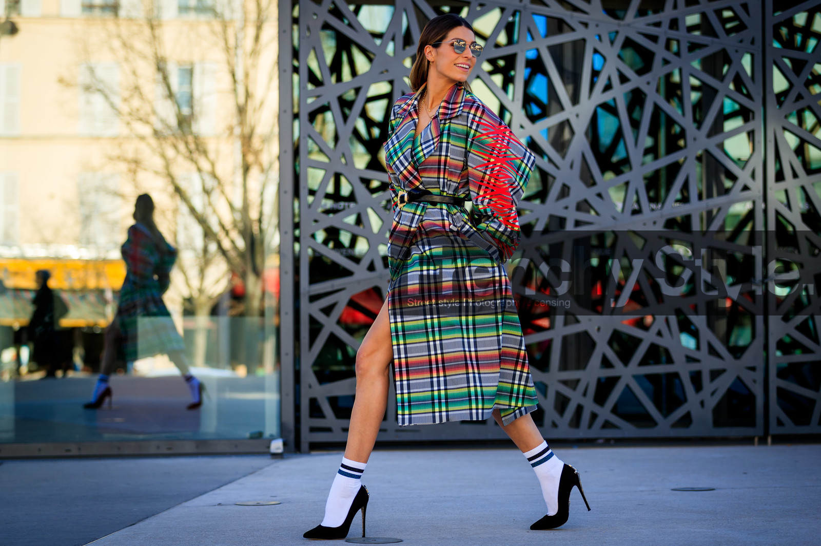 black belt, black shoes, checked, graphic jacket, grey coat, high heels, leather belt, leather shoes, plaid, printed jacket, tartan, white socks, PARIS, PFW, street style, jonathan paciullo, FW, frenchystyle, fashion week, AUTUMN WINTER 2019-2020, AW 19-20, FALL WINTER 2019-2020, FW 19-20, horizontal, atmosphere details, full length