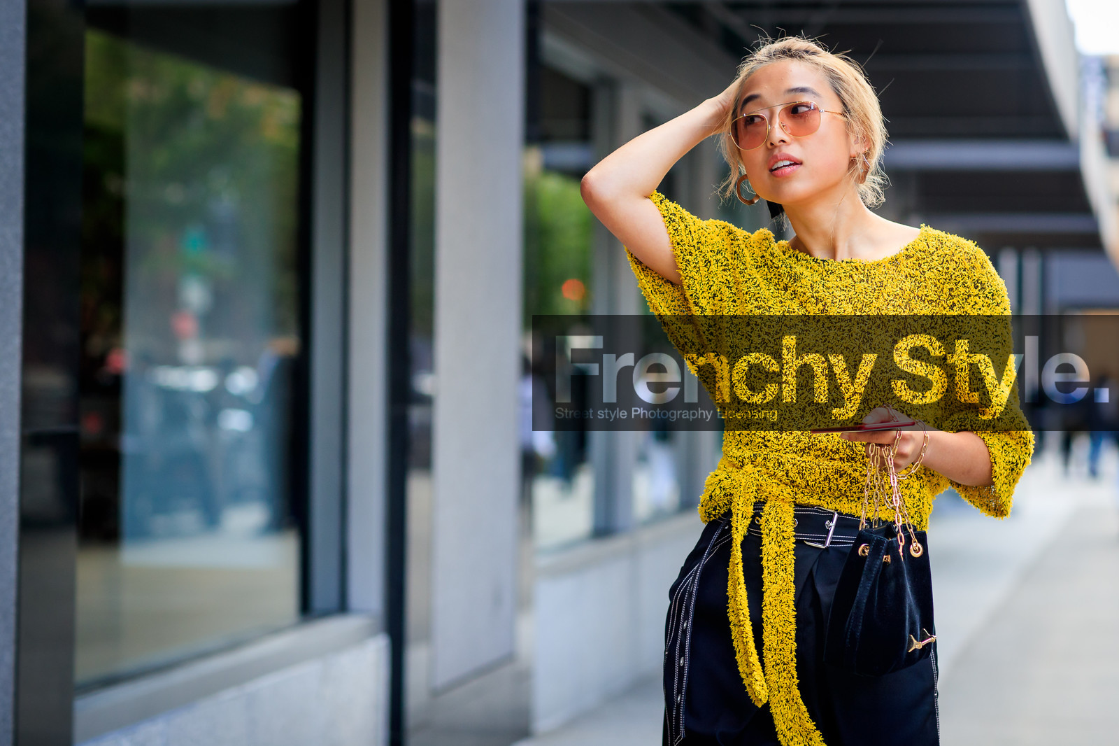 atmosphere details, black bag, black pants, detail, earrings, fashion week, frenchystyle, FW, horizontal, jonathan paciullo, Margaret Zhang, NEW YORK, NYFW, SPRING SUMMER 2018, SS 18, street style, sunglasses, trousers, velvet, yellow sweater