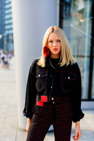 black denim, black jacket, black pants, caroline vreeland, denim jacket, denim pants, earrings, graphic jacket, graphic pants, jeans, polka dot, printed jacket, printed pants, shea marie, studs, trousers, fashion week, frenchystyle, FW, jonathan paciullo, street style, MFW, MILAN, SPRING SUMMER 2019, SS 19, vertical, atmosphere details, detail