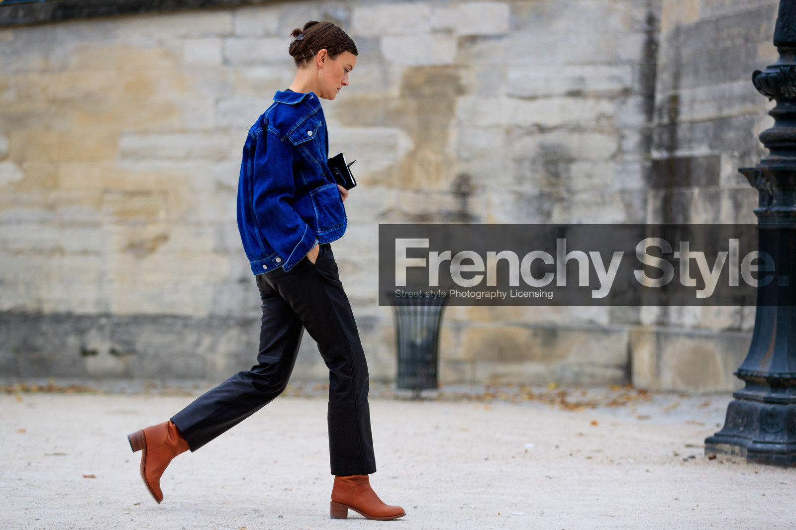 atmosphere details, black pants, blue denim, brown boots, denim jacket, fashion week, frenchystyle, full length, FW, horizontal, jo ellison, jonathan paciullo, leather pants, leather shoes, PARIS, PFW, SPRING SUMMER 2017, SS 17, street style, trousers
