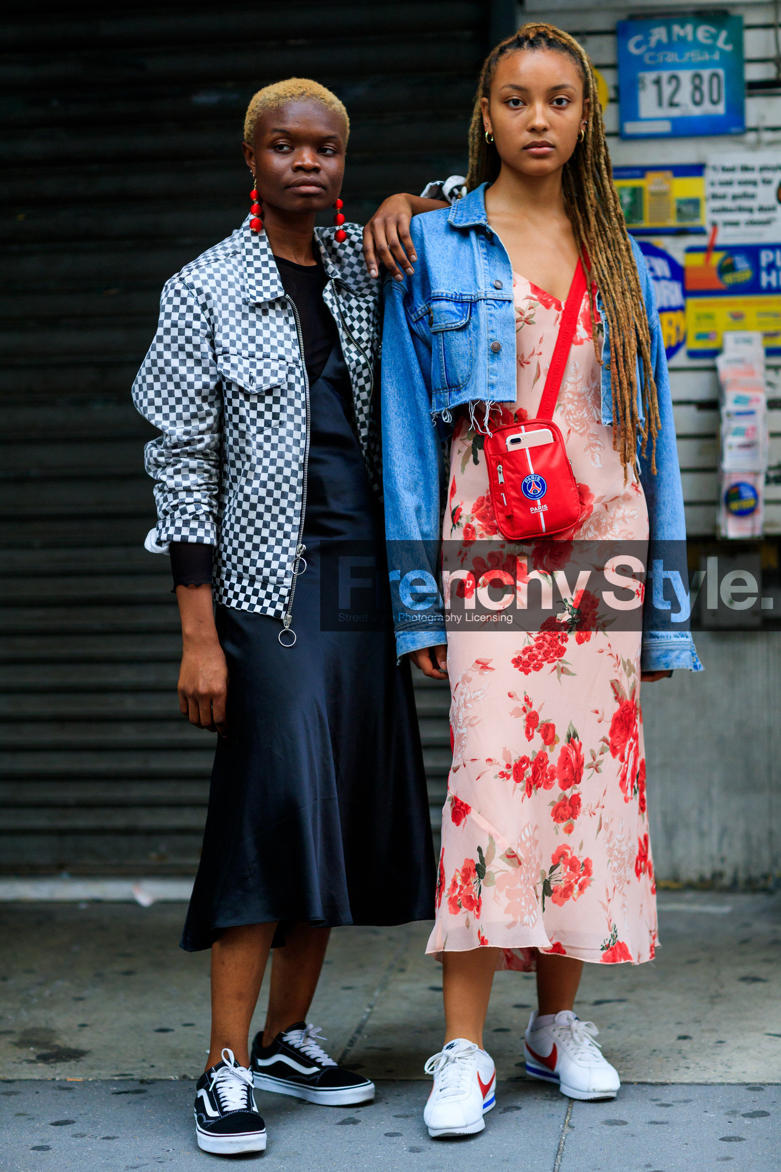 black dress, black shoes, black sneakers, blue denim, checked jacket, denim jacket, earrings, fashion week, floral, flowers, frenchystyle, full length, FW, graphic dress, graphic jacket, jonathan paciullo, leather bag, leather shoes, NEW YORK, nike, NYFW, plaid, printed dress, printed jacket, red bag, red dress, SPRING SUMMER 2018, SS 18, street style, vans, vertical