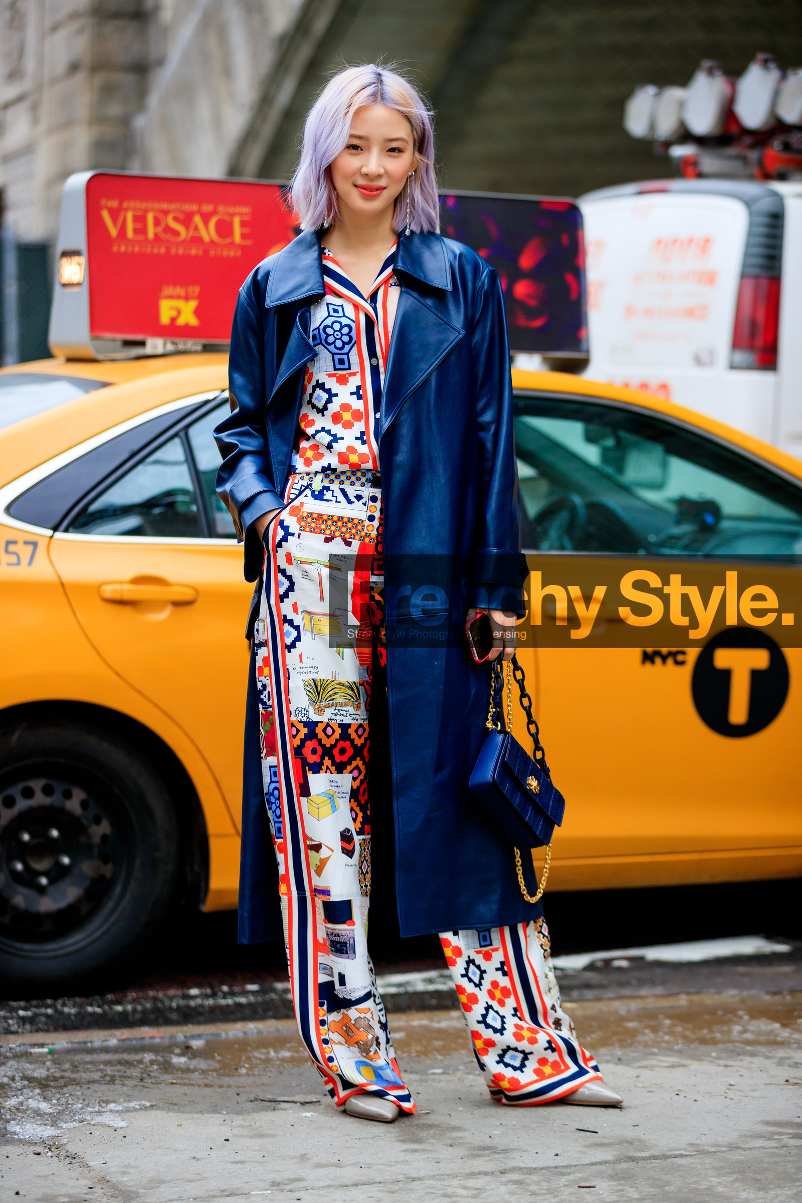 black bag, blue bag, blue coat, dyed hair, graphic pants, graphic shirt, leather bag, leather coat, multicolor pants, multicolor shirt, printed pants, printed shirt, purple hair, trench coat, trousers, street style, jonathan paciullo, FW, frenchystyle, fashion week, NYFW, NEW YORK, AUTUMN WINTER 2018-2019, AW 18-19, FALL WINTER 2018-2019, FW 18-19, vertical, full length, irene kim