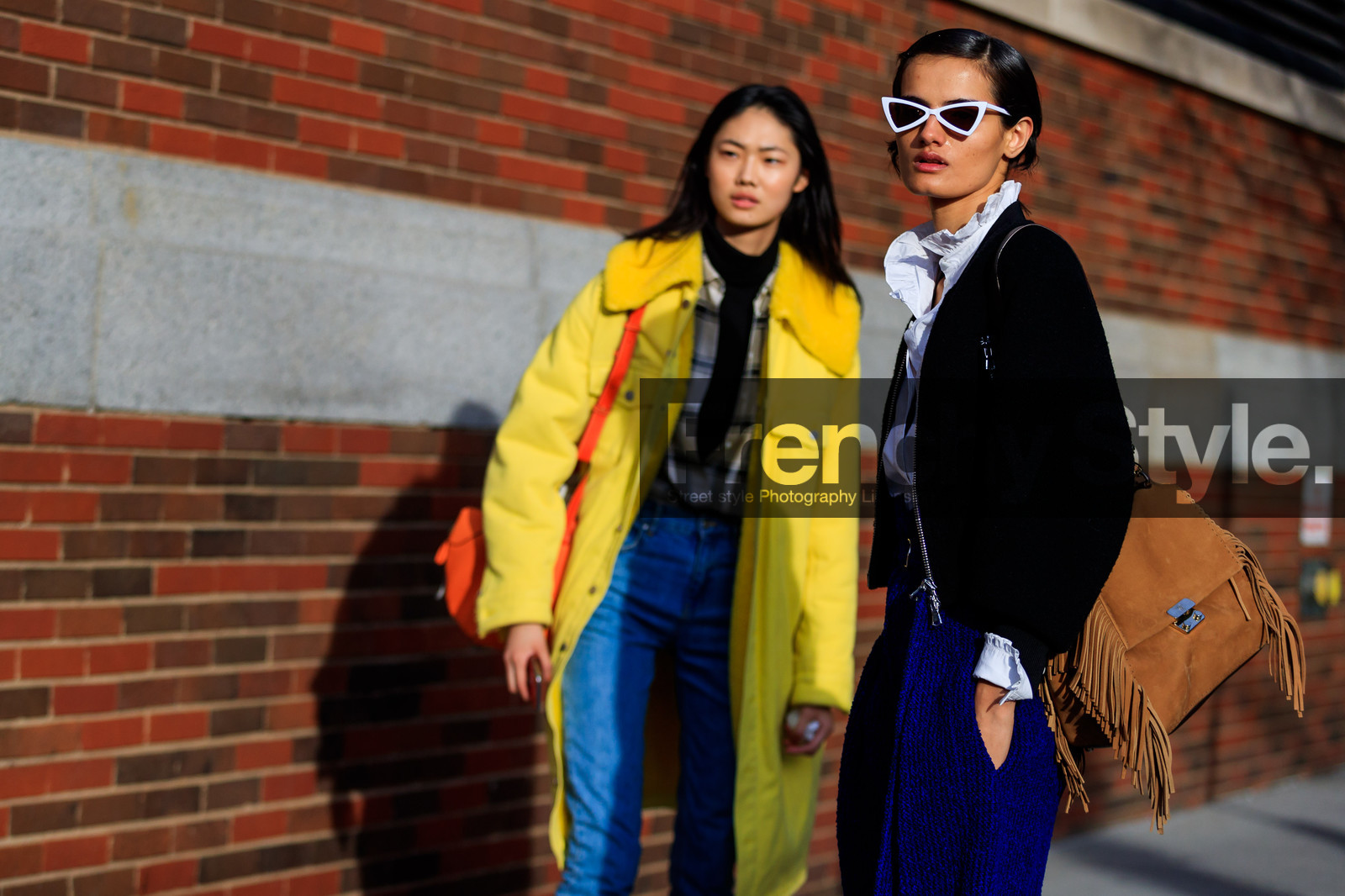 black jacket, blue denim, blue skirt, brown bag, denim pants, fringes, jeans, leather bag, orange bag, sunglasses, trousers, white shirt, yellow coat, yellow fur, street style, jonathan paciullo, FW, frenchystyle, fashion week, NYFW, NEW YORK, AUTUMN WINTER 2018-2019, AW 18-19, FALL WINTER 2018-2019, FW 18-19, atmosphere details, horizontal, detail, model