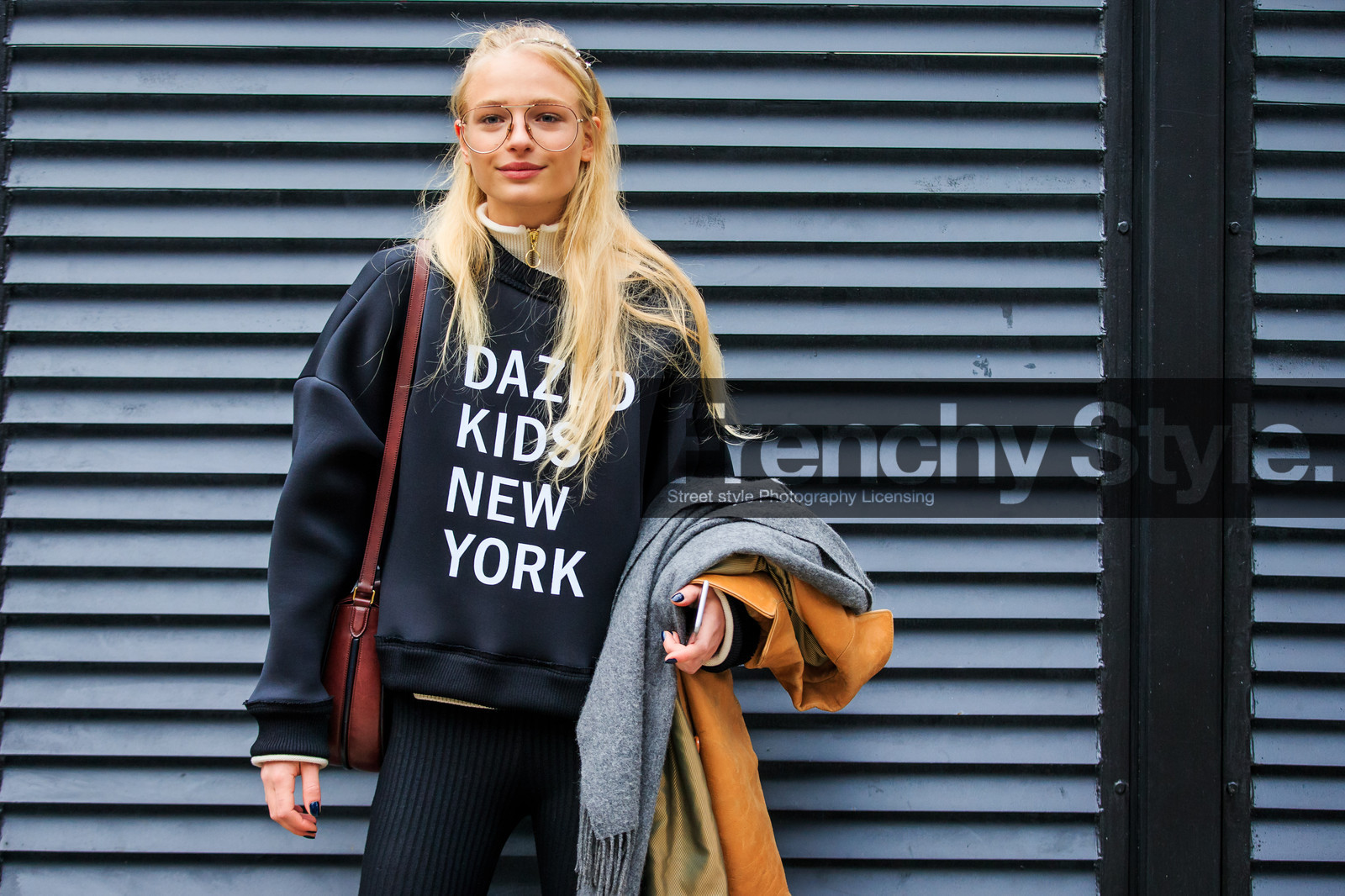 atmosphere details, AUTUMN WINTER 2016-2017, AW 16-17, black leggings, black sweater, bordeaux, detail, fashion week, Frederikke Sofie Falbe-Hansen, fredrerikke sofie falbe hansen, frenchystyle, FW, FW 16-17, grey scarf, horizontal, jonathan paciullo, leather bag, message, model, NEW YORK, NYFW, printed sweater, red bag, street style, trousers, woman, wool pants