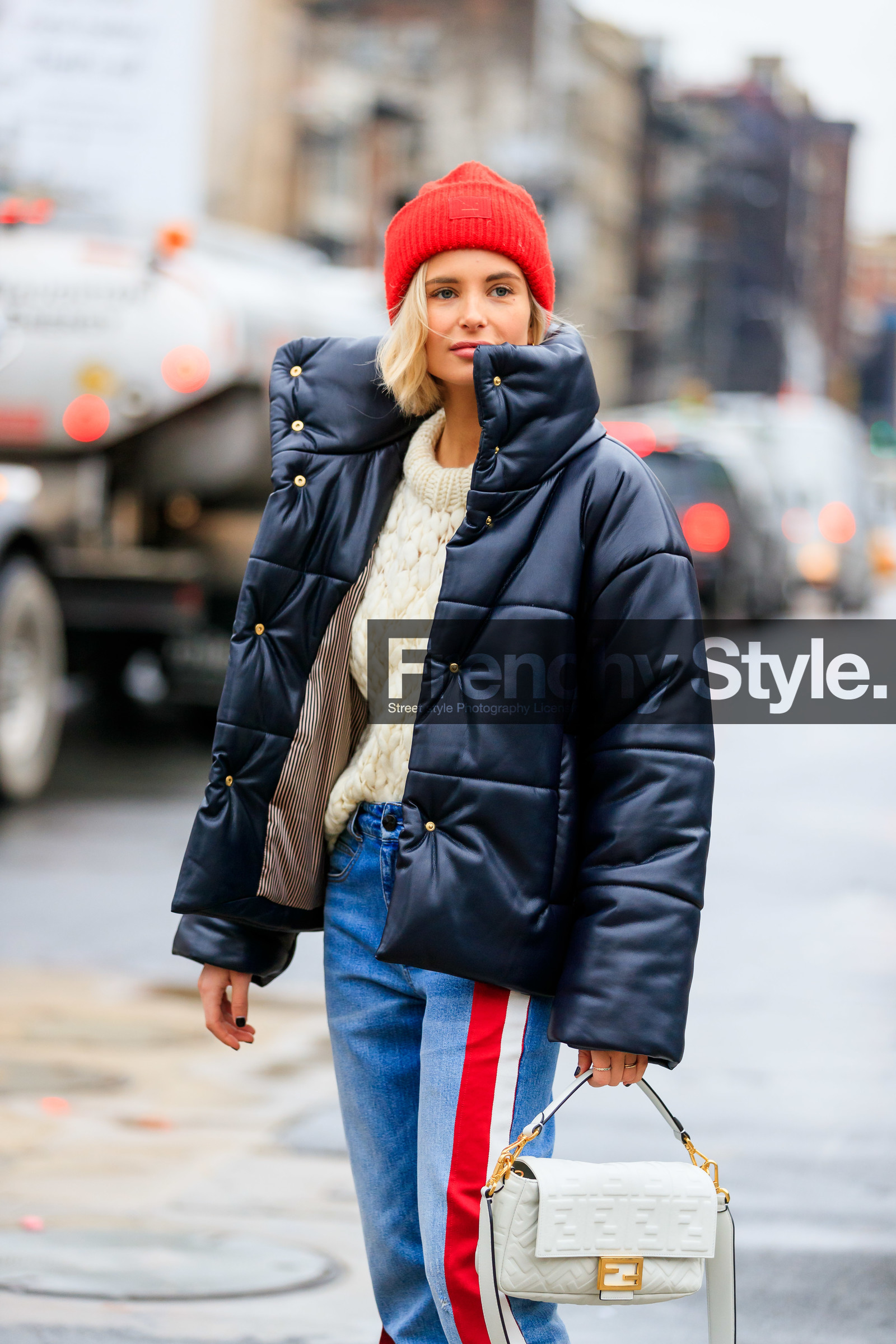 black jacket, blue denim, denim pants, down jacket, fendi, graphic bag, graphic pants, jeans, leather bag, leather jacket, monogram, printed bag, printed pants, red beanie, trousers, white bag, white knit, xenia adonts, street style, jonathan paciullo, frenchystyle, NYFW, NEW YORK, AUTUMN WINTER 2019-2020, AW 19-20, FALL WINTER 2019-2020, FW 19-20, fashion week, FW, vertical, atmosphere details, detail