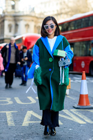 black pants, black shoes, chanel, graphic jacket, green coat, green fur, high heels, iphone, leather bag, leather shoes, printed jacket, sunglasses, trousers, turquoise, white shirt, fashion week, frenchystyle, FW, jonathan paciullo, street style, LFW, LONDON, AUTUMN WINTER 2018-2019, AW 18-19, FALL WINTER 2018-2019, FW 18-19, vertical, full length