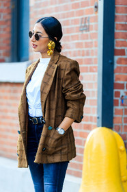 atmosphere details, blazer, blue denim, brown jacket, checked jacket, denim pants, detail, earrings, fashion week, frenchystyle, FW, golden jewelry, graphic jacket, jeans, jonathan paciullo, nausheen shah, NEW YORK, NYFW, plaid, printed jacket, SPRING SUMMER 2018, SS 18, street style, sunglasses, trousers, vertical, white t shirt