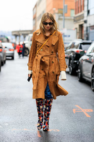 camille charriere, camel suede jacket, camel suede trenchcoat, suede trenchcoat, camel trenchcoat, belted trench coat, rayban sunglasses, high boots, floral printed boots, fashion week, frenchystyle, FW, jonathan paciullo, street style, NYFW, NEW YORK, AUTUMN WINTER 2020-2021, FALL WINTER 2020-2021, FW 20-21, vertical, full length