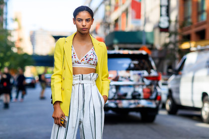 atmosphere details, blazer, bra, detail, fashion week, frenchystyle, FW, graphic pants, high waist, horizontal, jonathan paciullo, model, NEW YORK, NYFW, printed pants, SPRING SUMMER 2018, SS 18, street style, striped pants, trousers, white pants, yellow jacket