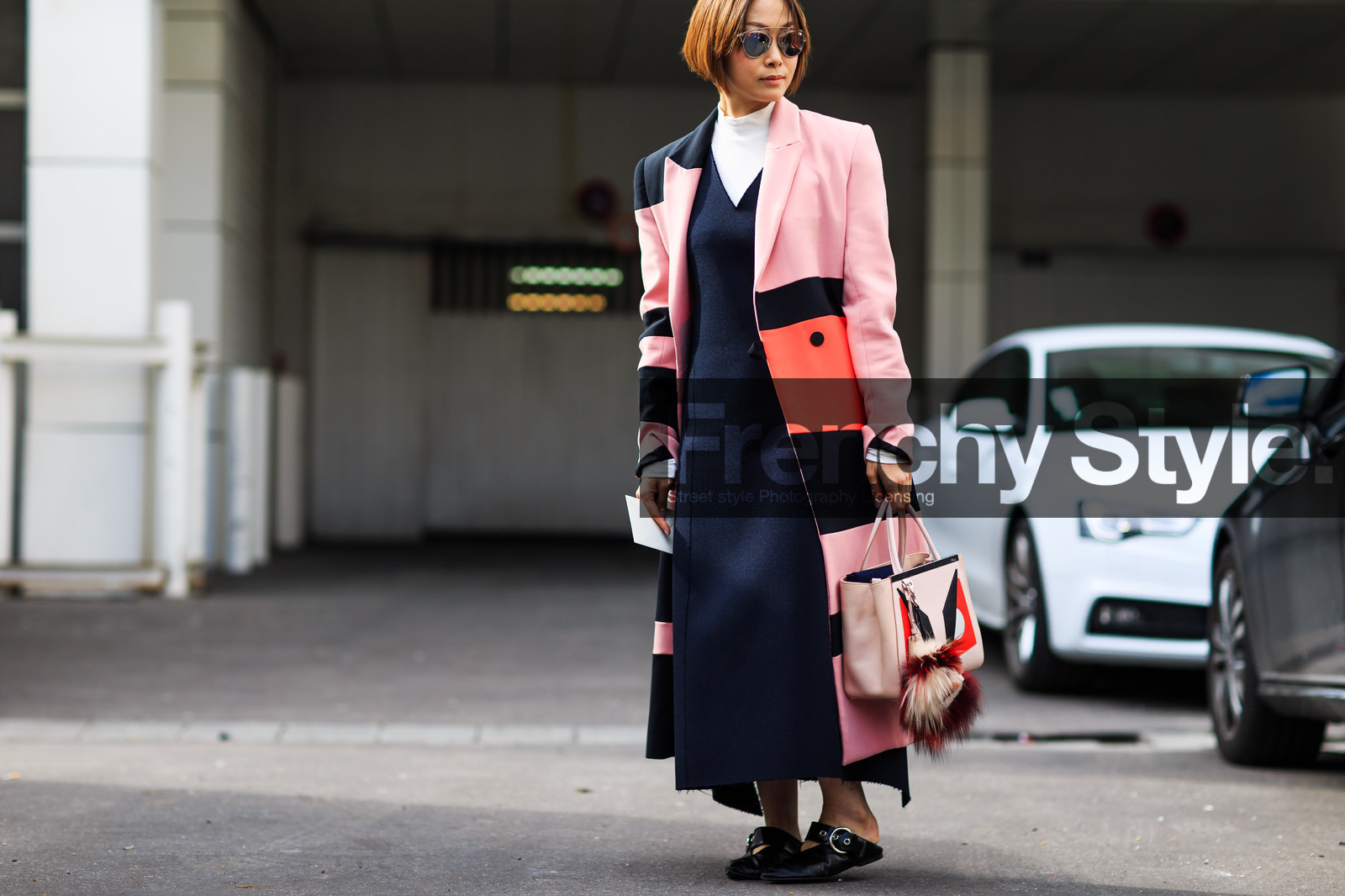 atmosphere details, AUTUMN WINTER 2016-2017, AW 16-17, black dress, black mules, detail, FALL WINTER 2016-2017, fashion week, fendi, frenchystyle, fun bag, fur bag, FW, FW 16-17, graphic coat, horizontal, jonathan paciullo, leather bag, leather shoes, long dress, monster, mules, PARIS, PFW, pink bag, pink coat, printed coat, street style, striped coat, sunglasses, wool dress