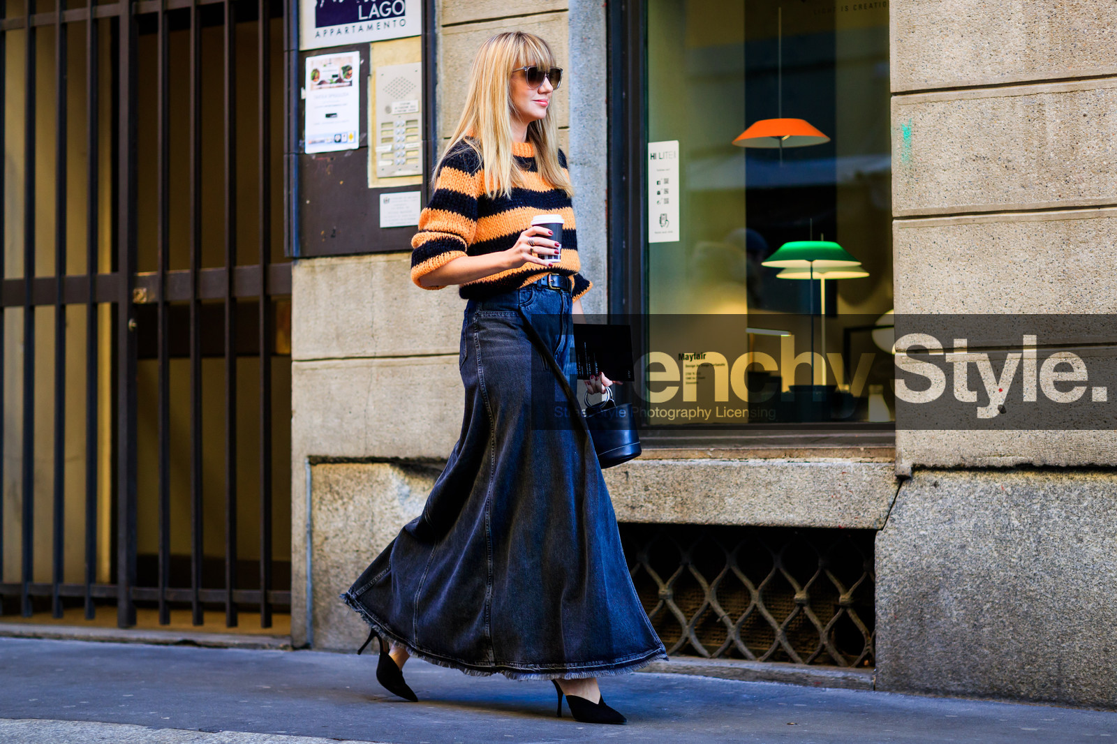 atmosphere details, AUTUMN WINTER 2017-2018, AW 17-18, black bag, black denim, black shoes, denim skirt, FALL WINTER 2017-2018, fashion week, frenchystyle, full length, FW, FW 17-18, geometric, graphic sweater, horizontal, jonathan paciullo, leather bag, leather shoes, lisa aiken, long skirt, MFW, MILAN, mini bag, printed sweater, street style, striped sweater, stripes, sunglasses