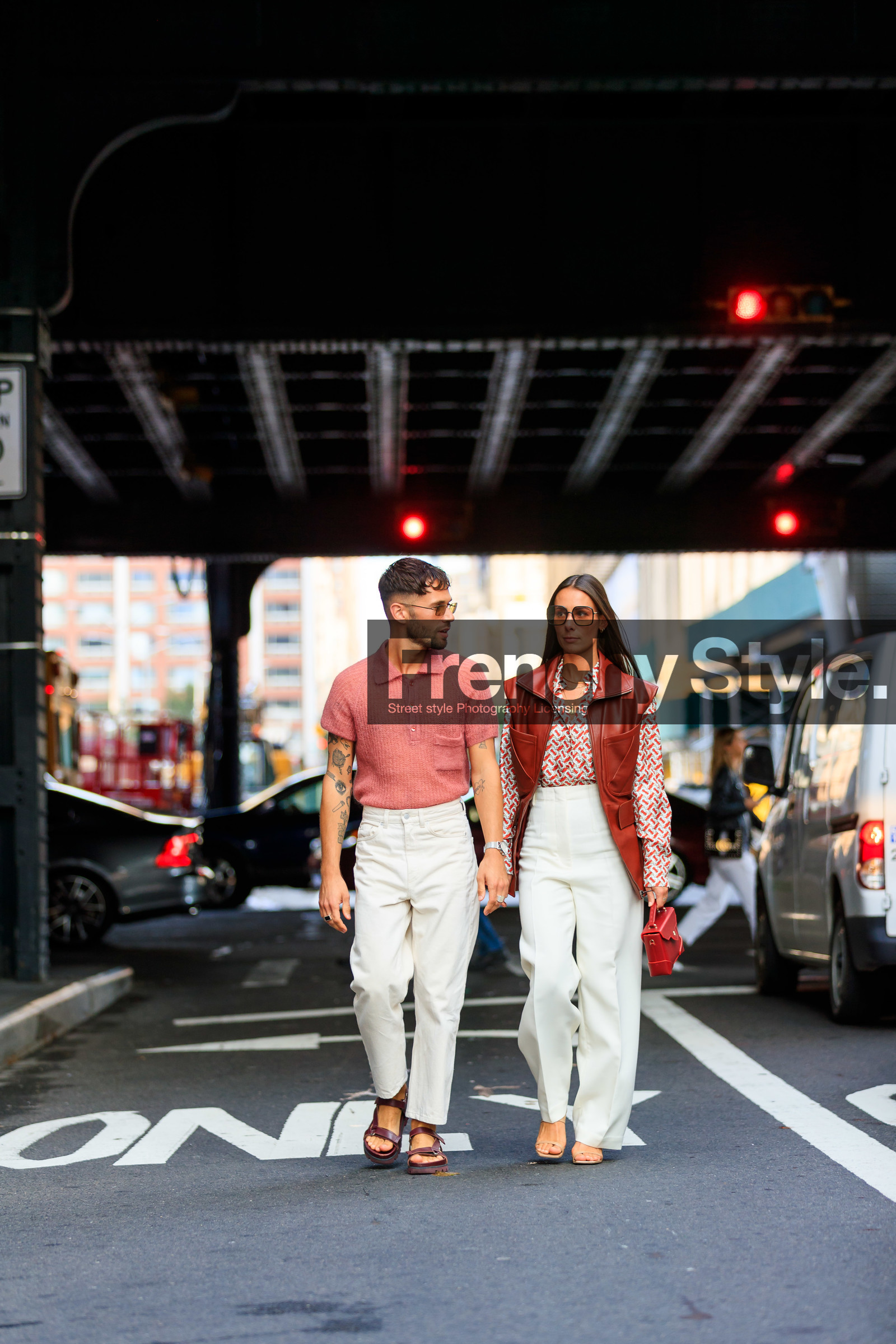 alice & j.s, alice barbier, beige shoes, brown jacket, brown sandals, burberry, denim pants, graphic shirt, high heels, high waist, jeans, JS roques, leather bag, leather jacket, leather shoes, monogram, pink sweater, polo sweater, printed shirt, red bag, sleeveless, sunglasses, tattoos, trousers, watch, white denim, street style, jonathan paciullo, FW, frenchystyle, fashion week, NEW YORK, NYFW, SPRING SUMMER 2020, SS 20, vertical, full length