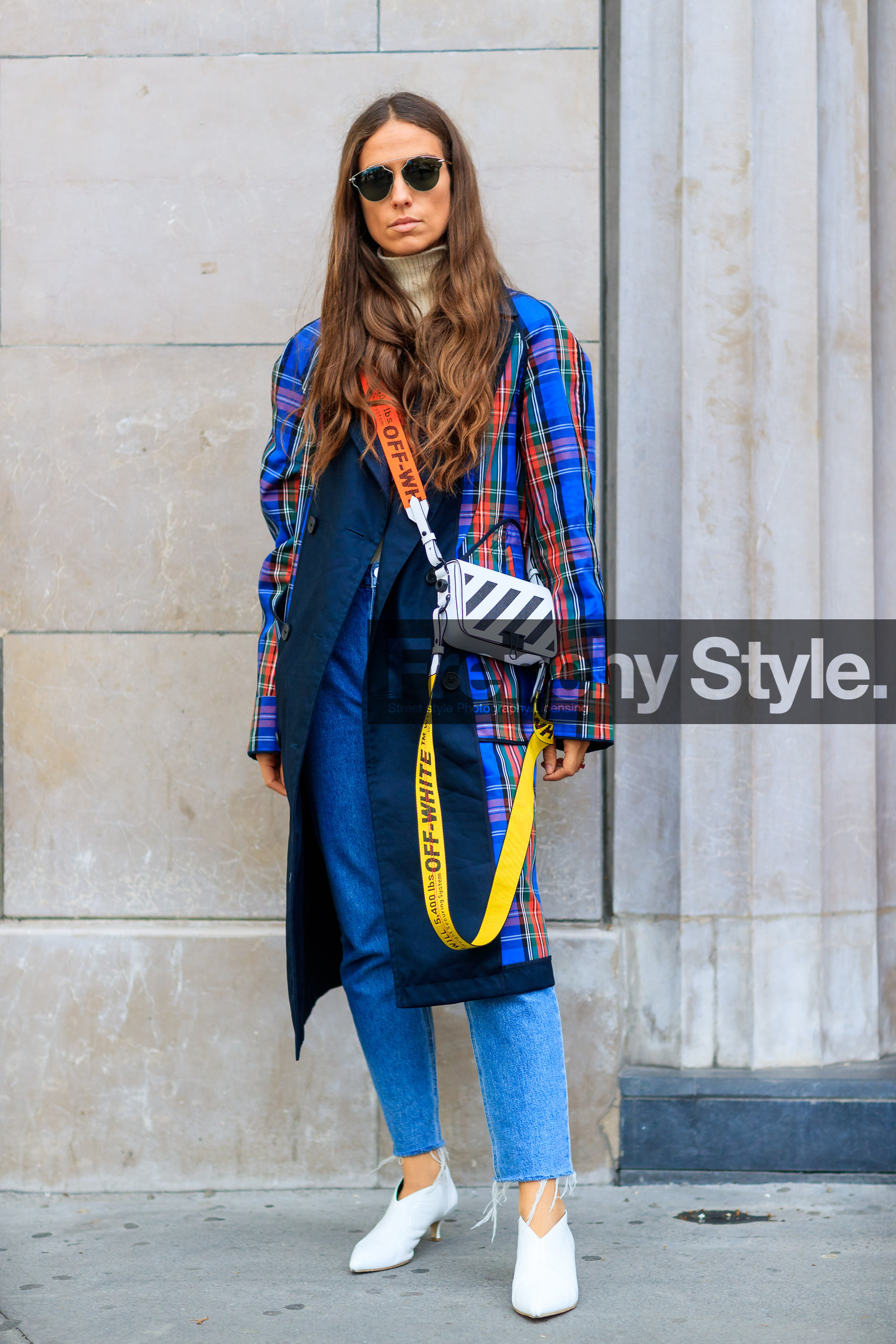 black and white bag, blue coat, blue denim, checked coat, denim pants, fashion week, frenchystyle, full length, FW, graphic bag, graphic jacket, high heels, jeans, jonathan paciullo, leather bag, leather shoes, long hair, off white, PARIS, PFW, plaid, printed bag, printed coat, printed jacket, SPRING SUMMER 2018, SS 18, street style, striped bag, sunglasses, tartan, trousers, vertical, white shoes, erika boldrin