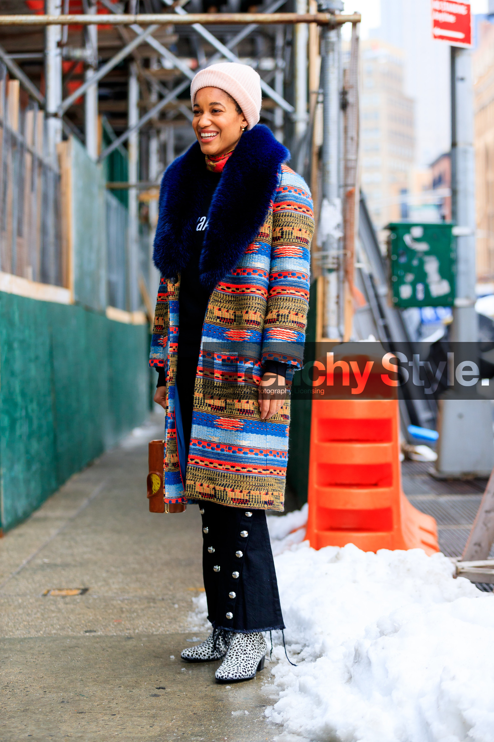 AUTUMN WINTER 2017-2018, AW 17-18, black and white shoes, black denim, black sweater, blue fur, brown bag, denim pants, embroidered coat, FALL WINTER 2017-2018, fashion week, frenchystyle, full length, fur collar, FW, FW 17-18, geometric, graphic bag, high heels, jeans, jonathan paciullo, laser cut, leather bag, multicolor jacket, NEW YORK, NYFW, polka dot, printed boots, red scarf, street style, tamu mcpherson, trousers, vertical, white beanie, wood bag