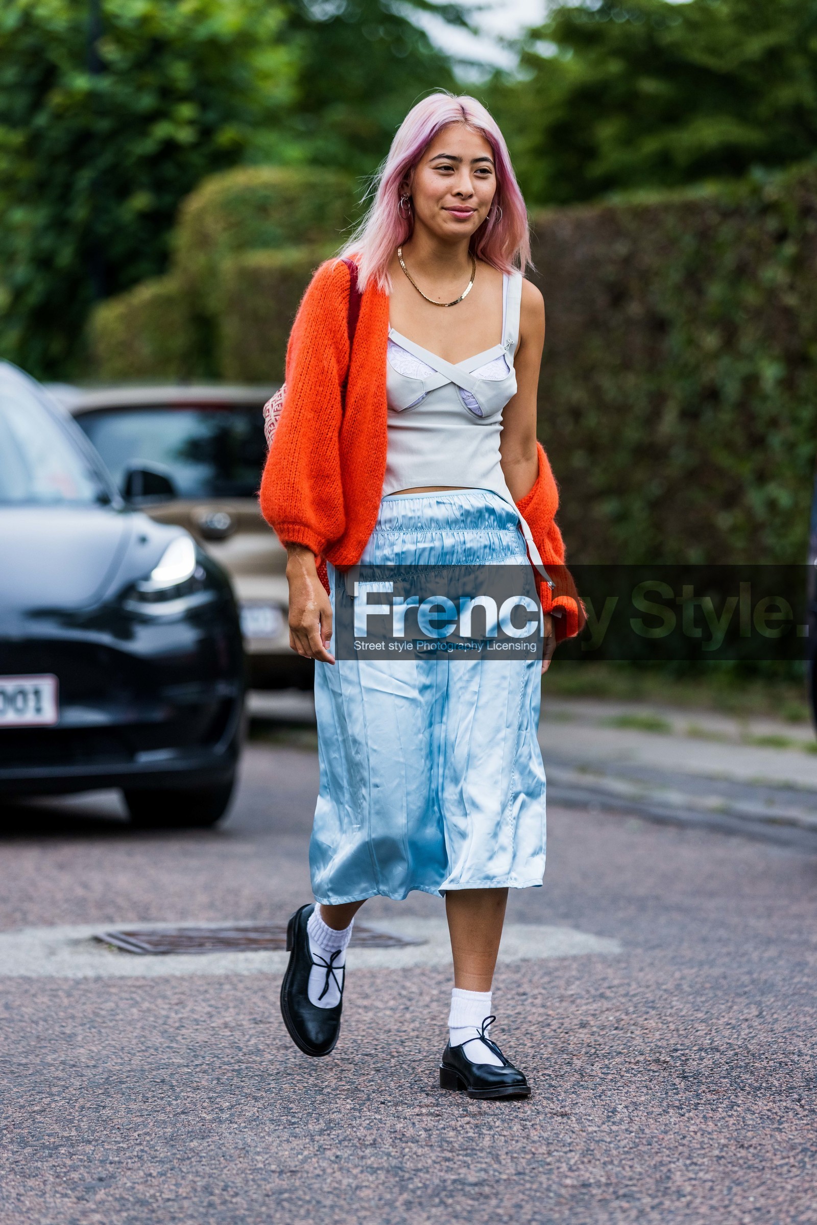 black shoes, blue skirt, cardigan, flats, gold necklace, grey top, leather flats, necklace, orange cardigan, pastel, pink hair, pleated skirt, satin skirt, skirt, sock, straped top, white bra, white sock, wool cardigan, Michelle Elie, fashion week, frenchystyle, FW, jonathan paciullo, street style, SPRING SUMMER 2022, SS 22, COPENHAGEN, CPHFW, vertical, full length