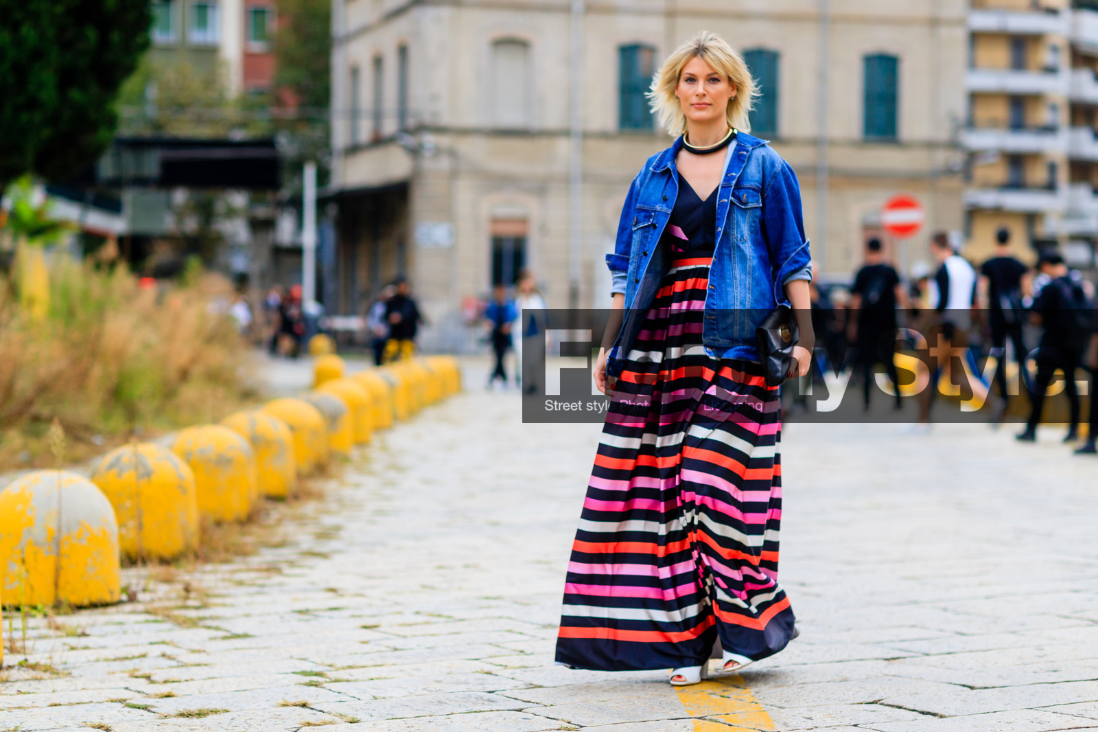 atmosphere details, blue denim, choker, denim jacket, fashion week, frenchystyle, full length, FW, geometric, graphic dress, horizontal, jonathan paciullo, leather bag, MFW, MILAN, multicolor dress, necklace, printed dress, SPRING SUMMER 2017, SS 17, street style, striped dress, stripes