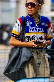 bag, black bag, denim, football top, jeans, leather bag, mask sunglasses, smartphone, sport top, sunglasses, over size bag, fashion week, frenchystyle, FW, jonathan paciullo, street style, MFW, MILAN, SPRING SUMMER 2022, SS 22, vertical, atmosphere details, detail
