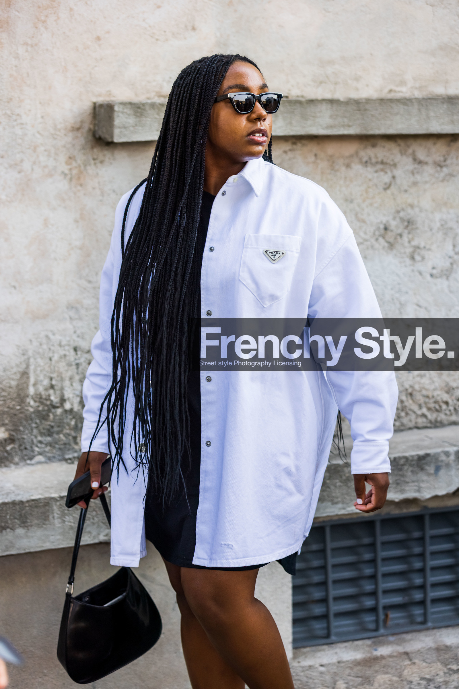 black bag, black dress, black sunglasses, leather bag, Lindsay Peoples Wagner, oversize shirt, prada bag, prada look, shirt, sunglasses, white shirt, fashion week, frenchystyle, FW, jonathan paciullo, street style, SPRING SUMMER 2022, SS 22, MFW, MILAN, vertical, atmosphere details