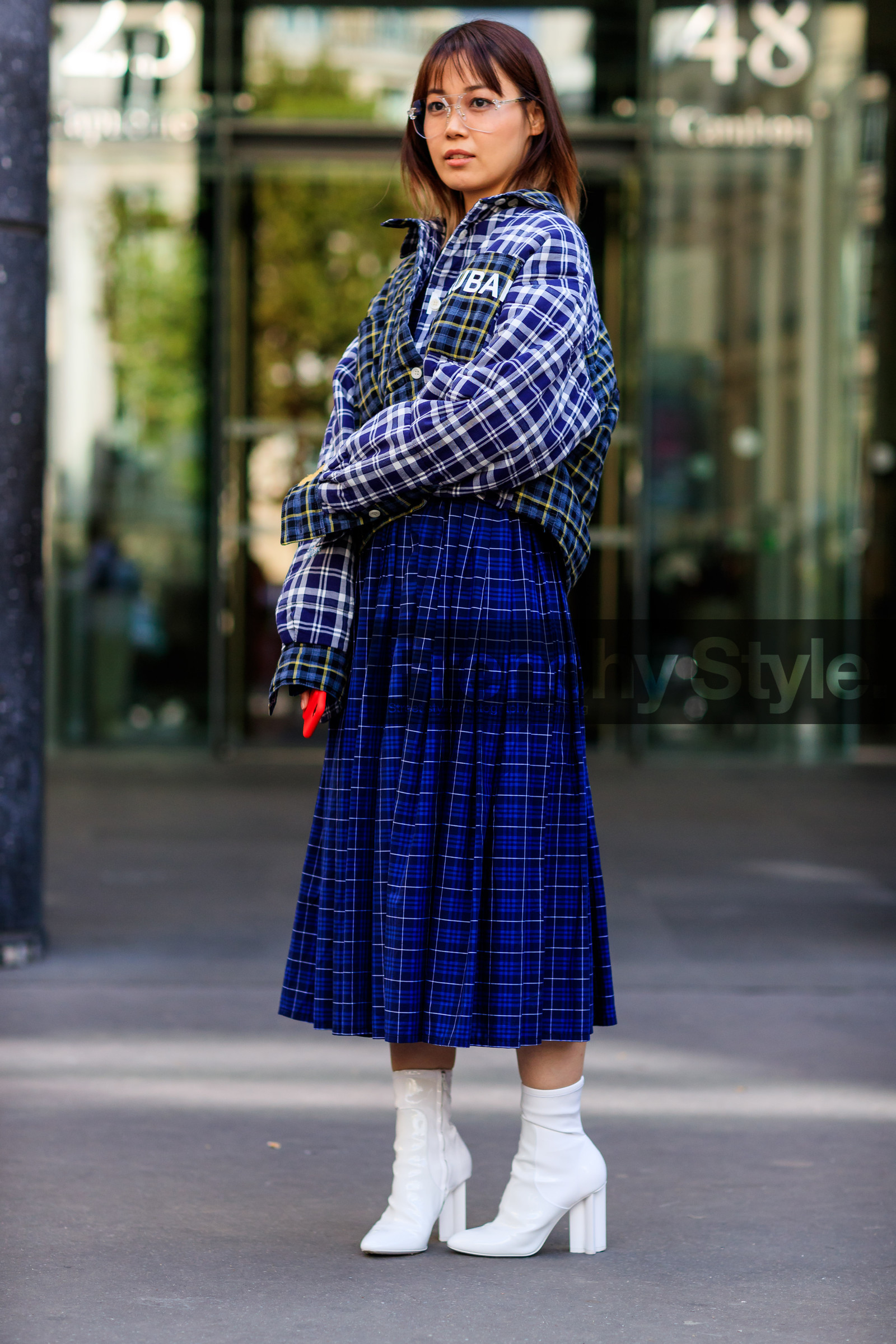 blue dress, blue jacket, checked dress, fashion week, frenchystyle, full length, FW, graphic dress, graphic jacket, graphic skirt, high heels, jonathan paciullo, leather shoes, PARIS, PFW, pleated dress, pleats, printed dress, printed jacket, printed skirt, SPRING SUMMER 2018, SS 18, street style, vertical, white boots