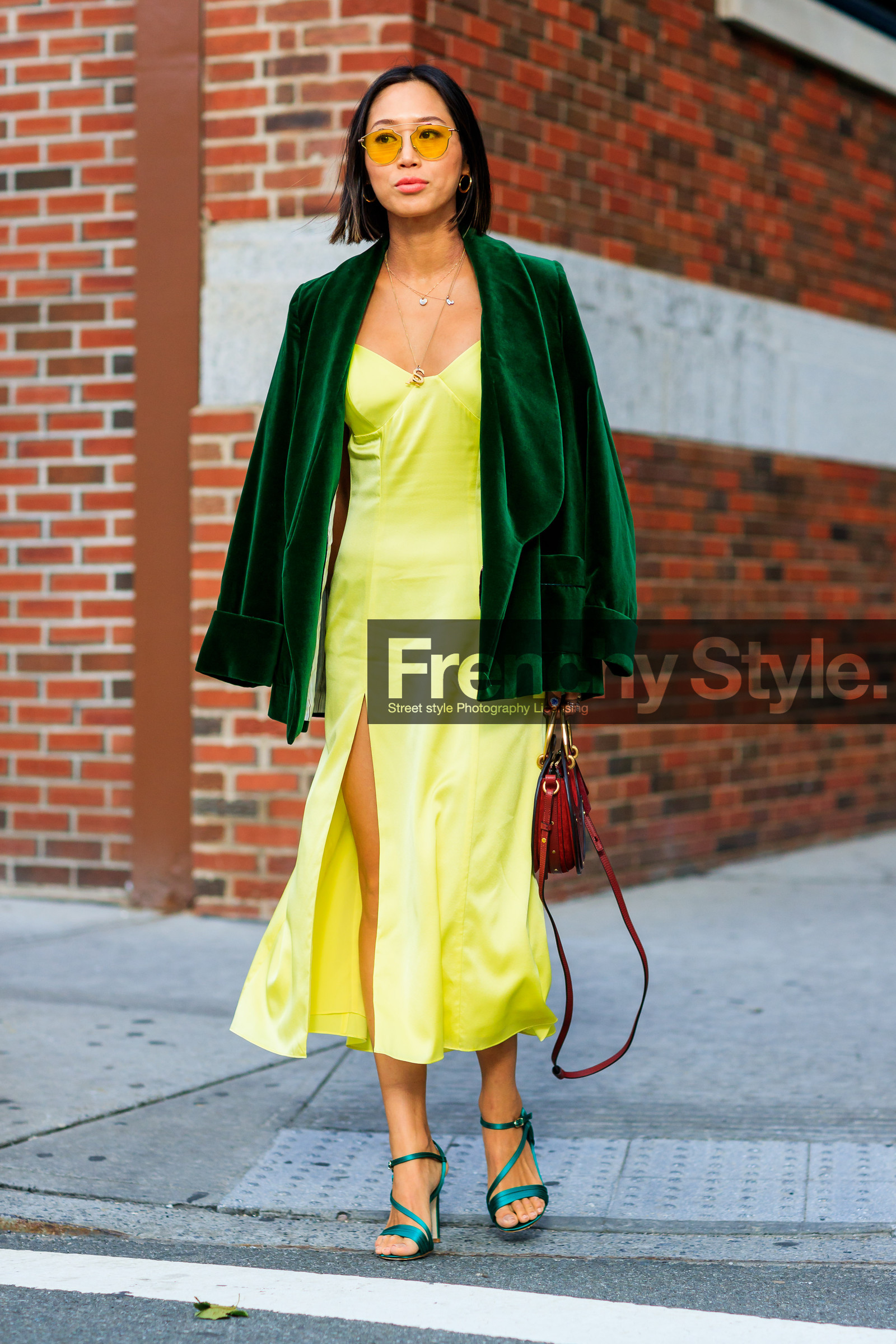 aimee song, bordeaux, burgundy, chloé, fashion week, frenchystyle, full length, FW, green jacket, green shoes, high heels, jonathan paciullo, leather bag, leather shoes, NEW YORK, NYFW, red bag, slip dress, SPRING SUMMER 2018, SS 18, street style, sunglasses, velvet, vertical, yellow dress