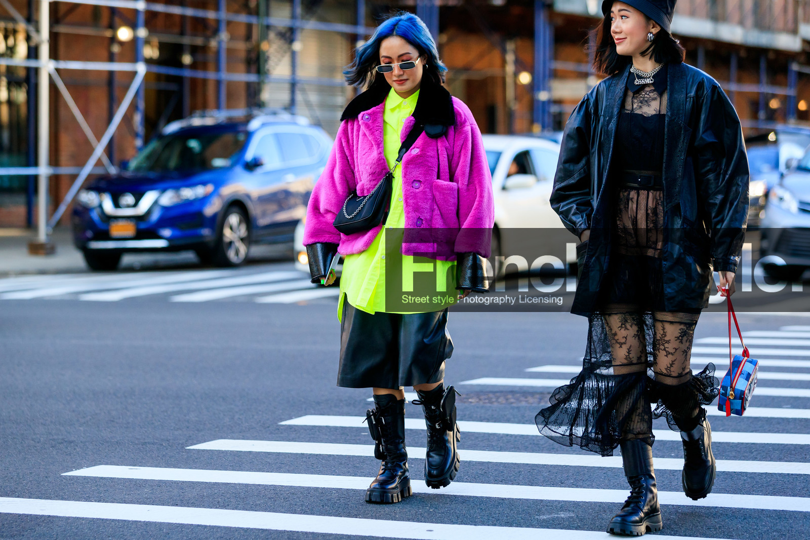 laureen uy, blue hair, dyed hair, small sunglasses, metalic frame sunglasses, purple coat, fur coat, neon yellow shirt, black leather bermuda shorts, black leather boots, prada bag, prada boots, high boots, laced boots, flat boots, big sole boots, ankle bag, mini bag, black bag, crossbody bag, vinyl coat, polish coat, black leather jacket, black dress, lace dress, pleated dress, long dress, sheer dress, chanel necklace, big chain necklace, letters necklace, silvered necklace, louis vuitton bag, red leather bag, checked bag, blue bag, denim, denim bag, fashion week, frenchystyle, FW, jonathan paciullo, street style, AUTUMN WINTER 2020-2021, FALL WINTER 2020-2021, FW 20-21, horizontal, atmosphere details, full length, NYFW, NEW YORK