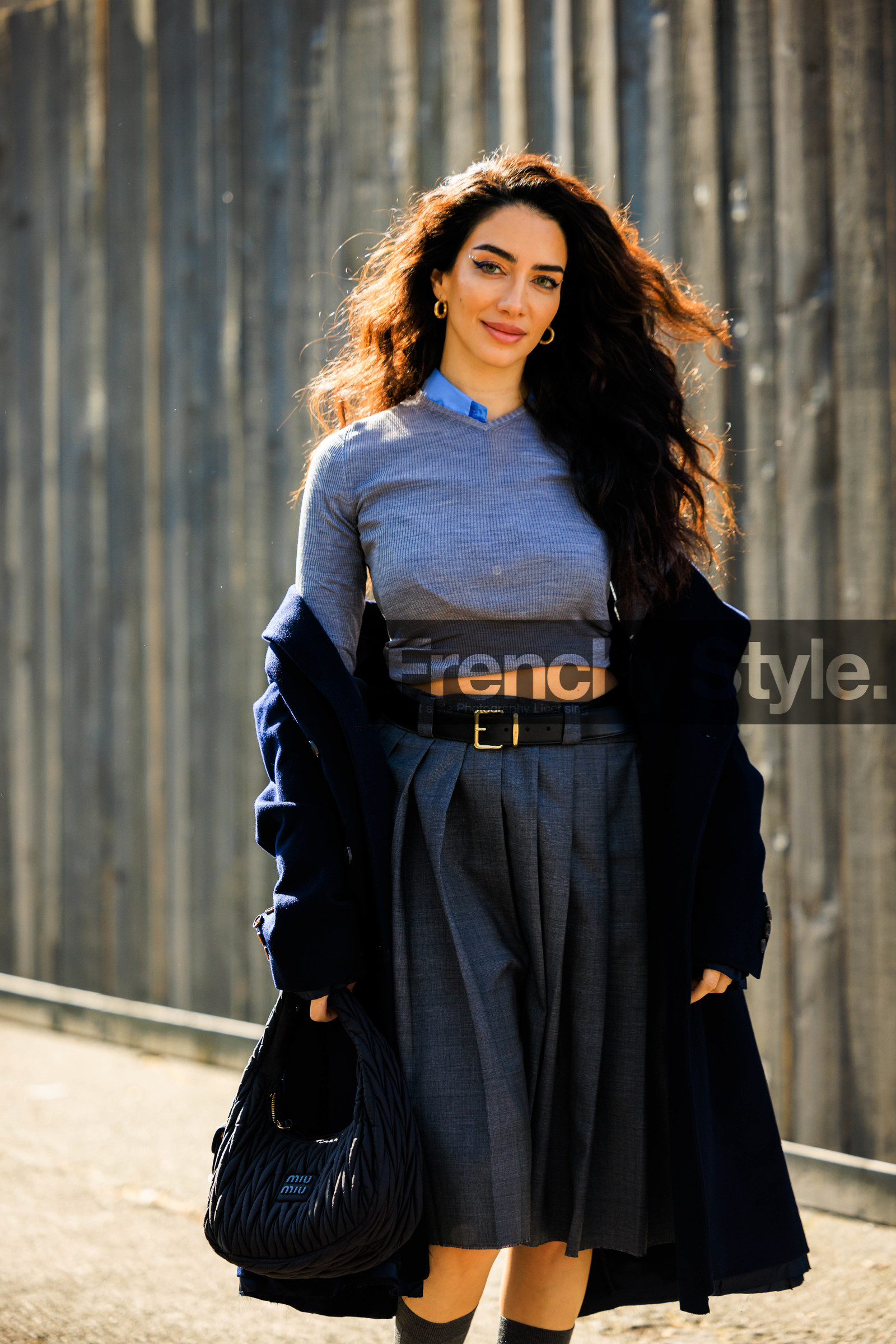 pleated skirt, grey jumper, blue shirt, golden loops, black belt, black coat, black handbag, miu miu handbag, miu miu, grey skirt, pleated skirt, FW 22-23, FALL WINTER 2022_2023, AUTUMN WINTER 2022-2023, fashion week, frenchystyle, FW, jonathan paciullo, street style, PFW, PARIS, vertical, detail
