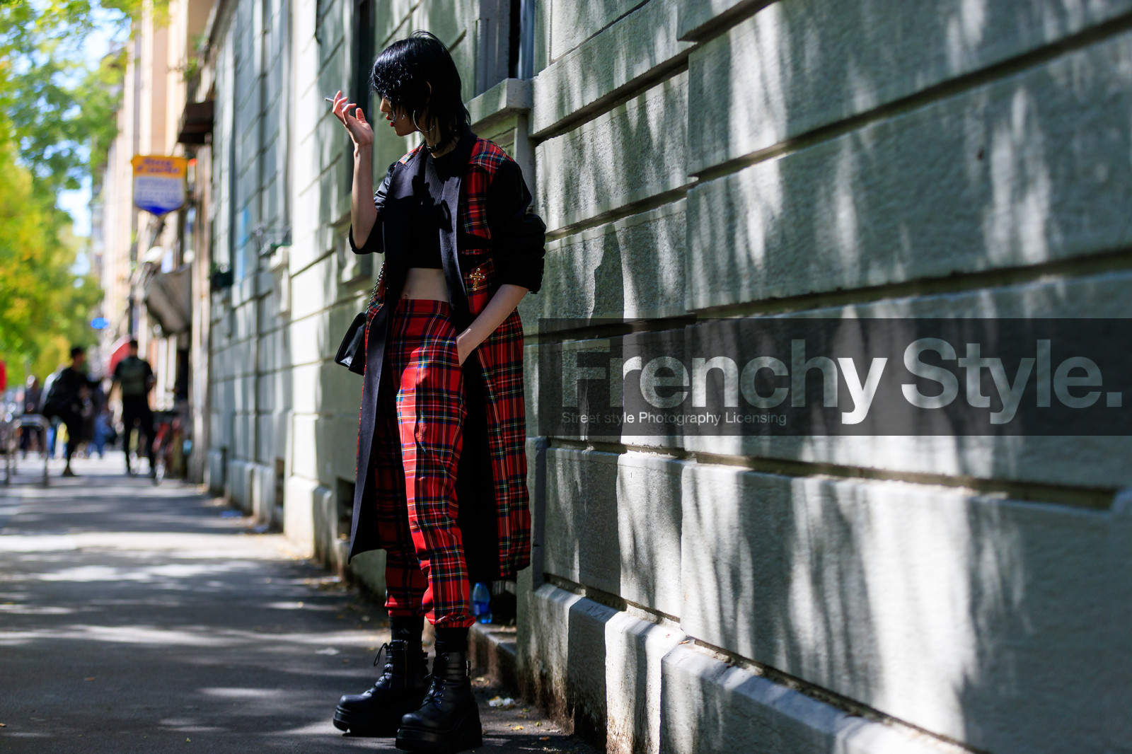 atmosphere details, black bag, black jacket, black shoes, black top, checked jacket, checked pants, choker, cropped top, fashion week, frenchystyle, full length, FW, graphic jacket, graphic pants, high heels, horizontal, jonathan paciullo, leather bag, leather shoes, MFW, MILAN, model, necklace, plaid, printed jacket, printed pants, red lips, red pants, sora choi, SPRING SUMMER 2018, SS 18, street style, tartan, trousers