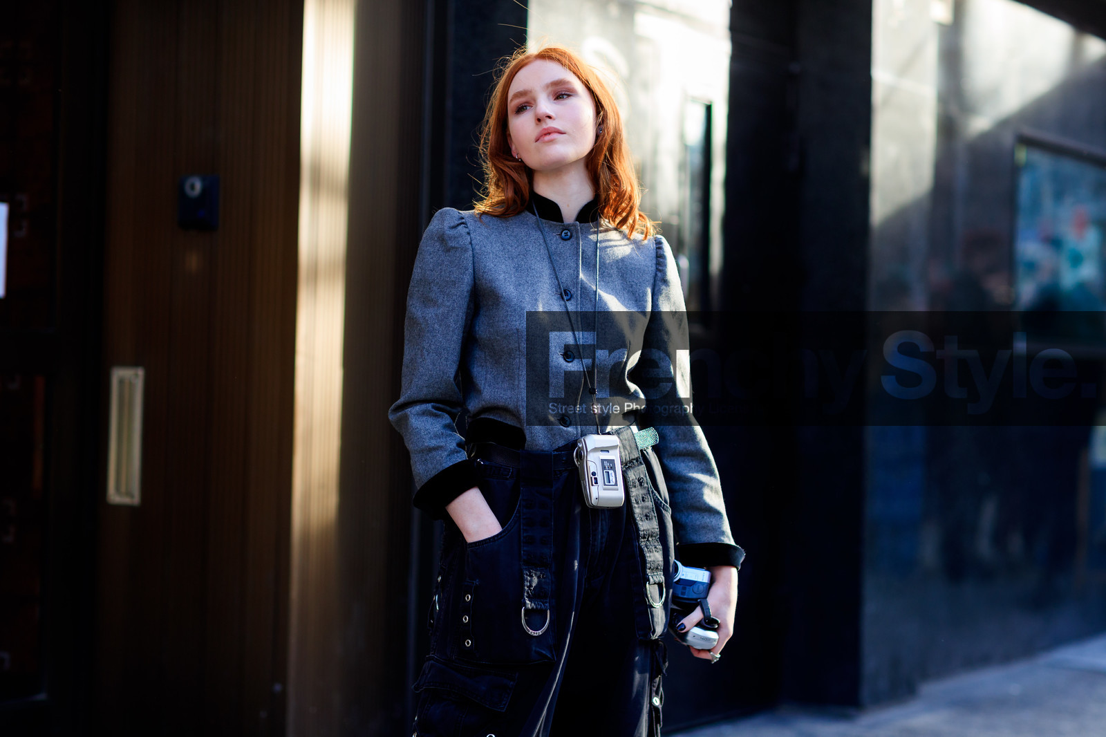 black denim, blazer, camera, chains, denim pants, grey jacket, trousers, street style, jonathan paciullo, FW, frenchystyle, fashion week, NYFW, NEW YORK, AUTUMN WINTER 2018-2019, AW 18-19, FALL WINTER 2018-2019, FW 18-19, atmosphere details, horizontal, detail