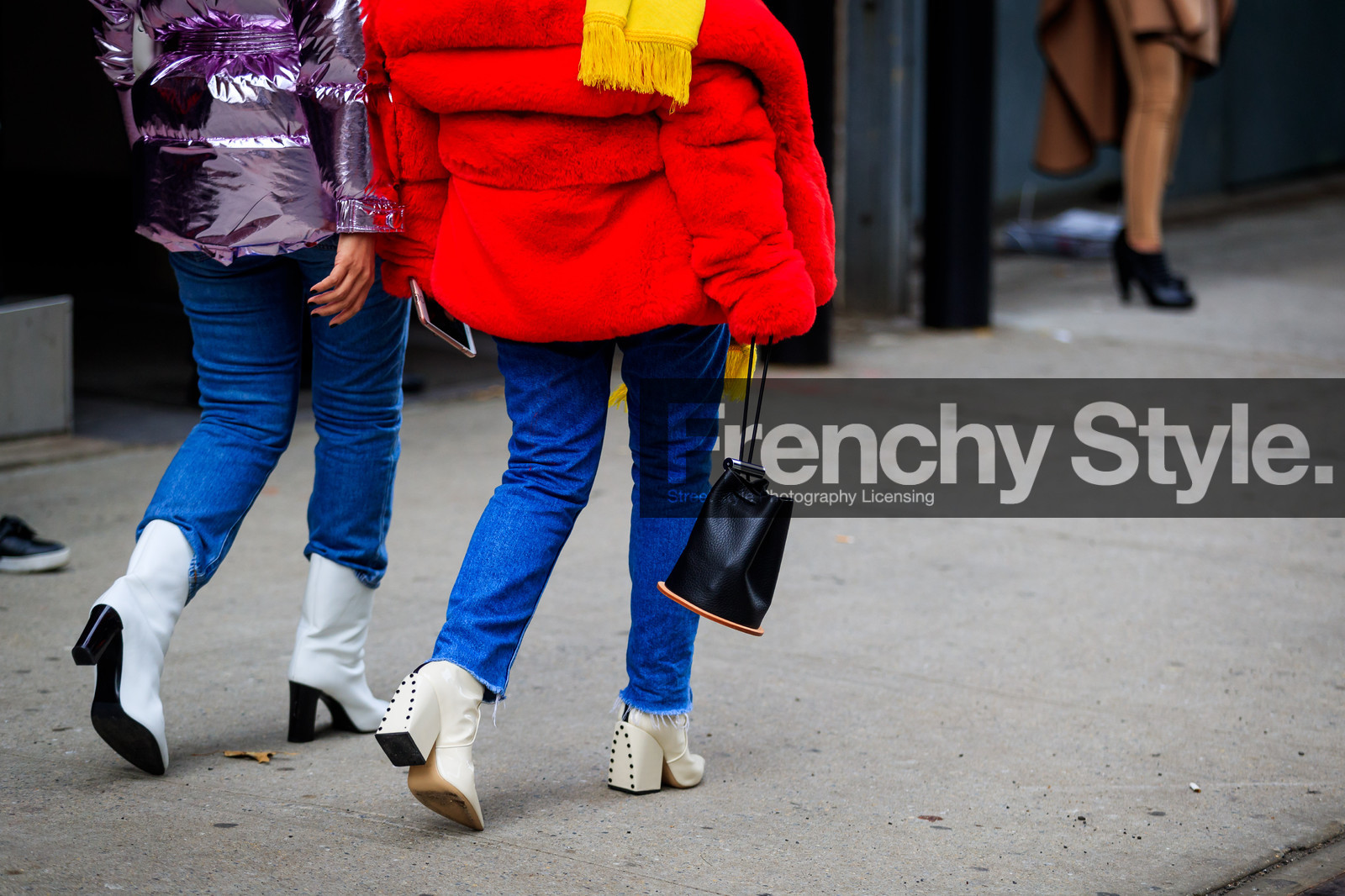 black bag, blue denim, denim pants, down jacket, fur jacket, glitter, high heels, jeans, leather bag, leather shoes, purple jacket, red fur, red jacket, shiny jacket, trousers, white boots, street style, jonathan paciullo, FW, frenchystyle, fashion week, NYFW, NEW YORK, AUTUMN WINTER 2018-2019, AW 18-19, FALL WINTER 2018-2019, FW 18-19, atmosphere details, horizontal, detail