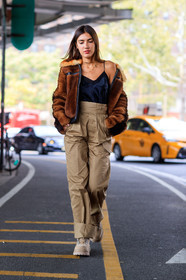 beige boots, beige pants, black tank top, brown fur, brown jacket, fashion week, frenchystyle, full length, fur jacket, FW, high waist, jonathan paciullo, leather shoes, NEW YORK, NYFW, patricia manfield, SPRING SUMMER 2018, SS 18, street style, trousers, vertical