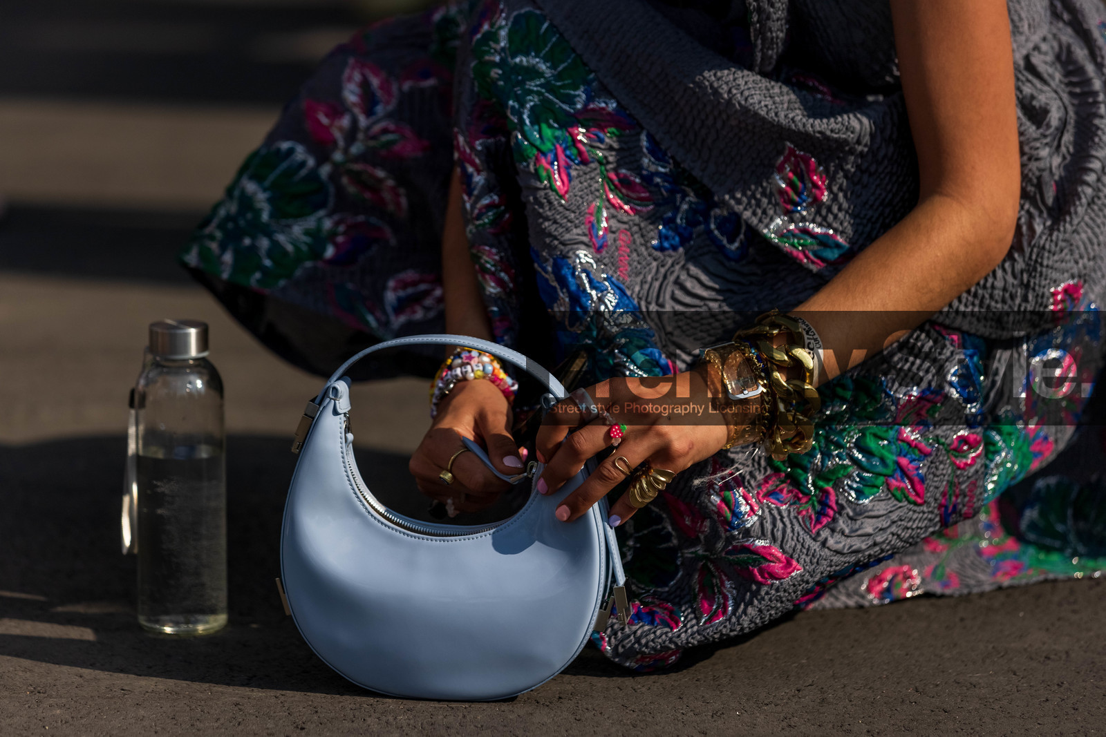 bag, blue bag, bracelet, color, dress, embroidered dress, embroidery, flask, floral dress, floral print, flower, flower print, gold bracelet, grey dress, leather bag, nailpolish, print, printed dress, ring, ruffles, selma kaci, fashion week, frenchystyle, FW, jonathan paciullo, street style, SPRING SUMMER 2022, SS 22, COPENHAGEN, CPHFW, atmosphere details, horizontal