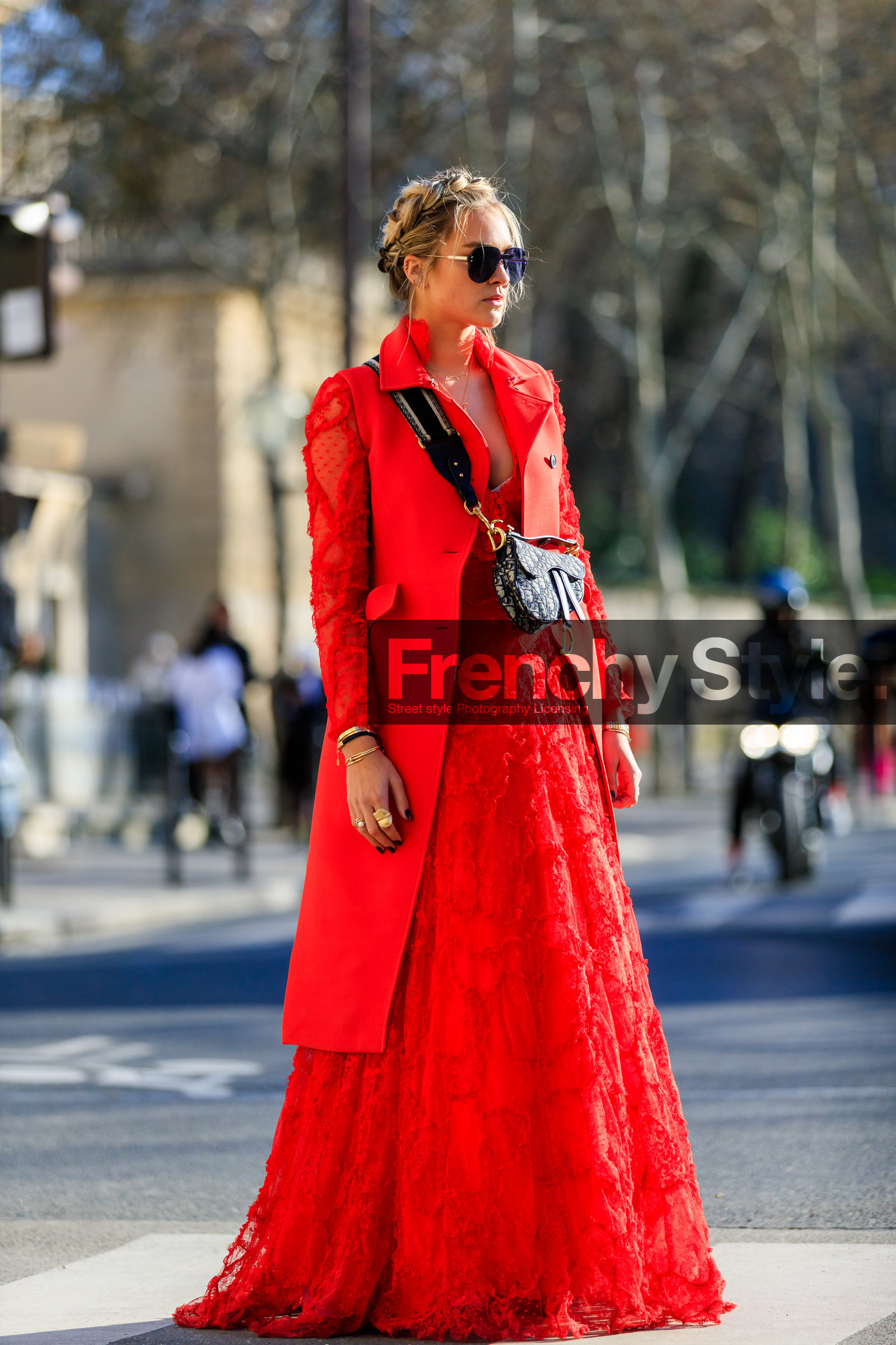 black bag, braids, graphic bag, leather bag, monogram, nina suess, printed bag, red coat, red dress, saddle bag, sunglasses, PARIS, PFW, street style, jonathan paciullo, FW, frenchystyle, fashion week, AUTUMN WINTER 2019-2020, AW 19-20, FALL WINTER 2019-2020, FW 19-20, vertical, full length