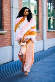 furry coat, multicolor coat, salmon pants, silk pants, baggy pants, mini fendi bag, pink mini bag, pink sandals, hair pin, fluffy coat, stripes coat, oversized pants, fashion week, frenchystyle, FW, jonathan paciullo, street style, MFW, MILAN, FALL WINTER 2022_2023, AUTUMN WINTER 2022-2023, FW 22-23, vertical, full length