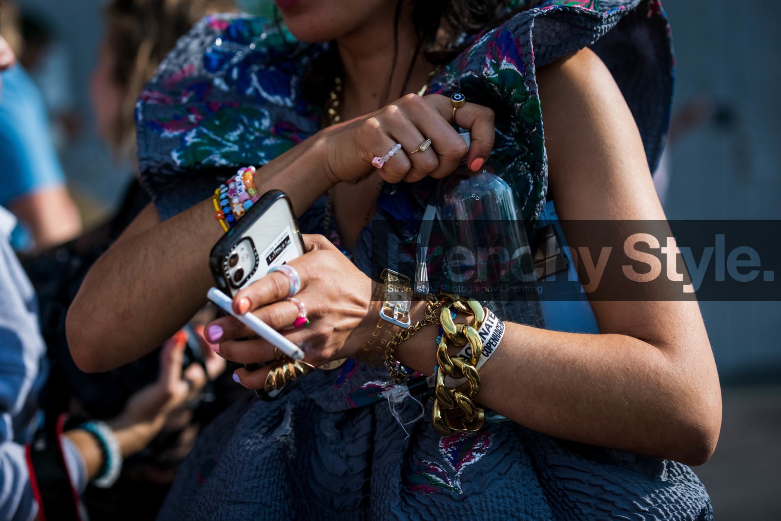 bead bracelets, bracelet, chain bracelet, close up, color, detail, flask, gold bracelet, nailpolish, ring, selma kaci, fashion week, frenchystyle, FW, jonathan paciullo, street style, SPRING SUMMER 2022, SS 22, COPENHAGEN, CPHFW, atmosphere details, horizontal