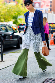 atmosphere details, blazer, blue jacket, brown bag, detail, fashion week, frenchystyle, FW, graphic jacket, green pants, headphones, high heels, jonathan paciullo, lace dress, leather bag, leather shoes, NEW YORK, NYFW, printed jacket, SPRING SUMMER 2018, SS 18, street style, striped jacket, sunglasses, susie lau, trousers, vertical, white dress
