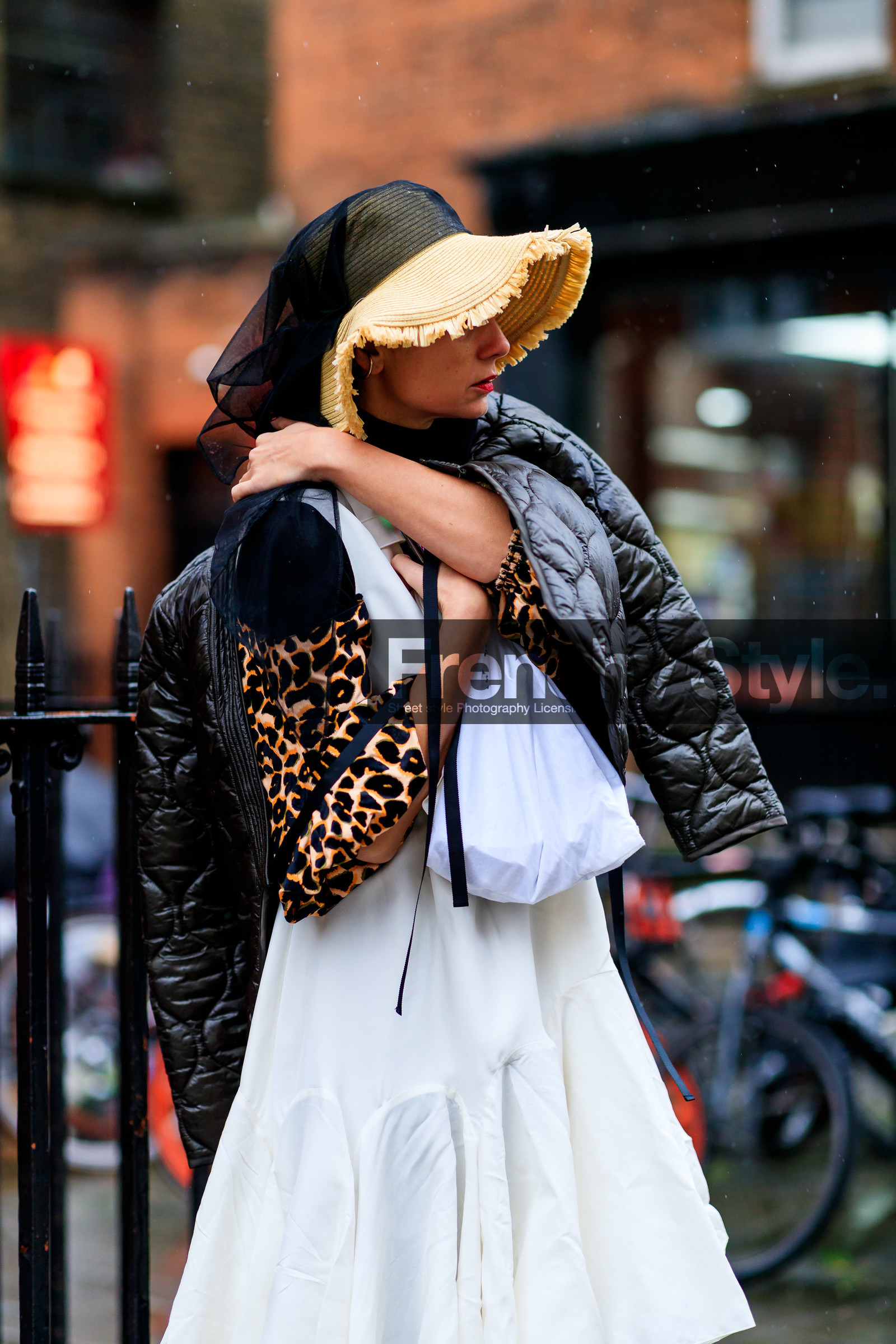 black jacket, bomber jacket, eva geraldine fontanelli, jw anderson, leather bag, over the shoulder, straw hat, white dress, LONDON, LFW, fashion week, frenchystyle, FW, jonathan paciullo, street style, AUTUMN WINTER 2019-2020, AW 19-20, FW 19-20, FALL WINTER 2019-2020, vertical, atmosphere details, detail