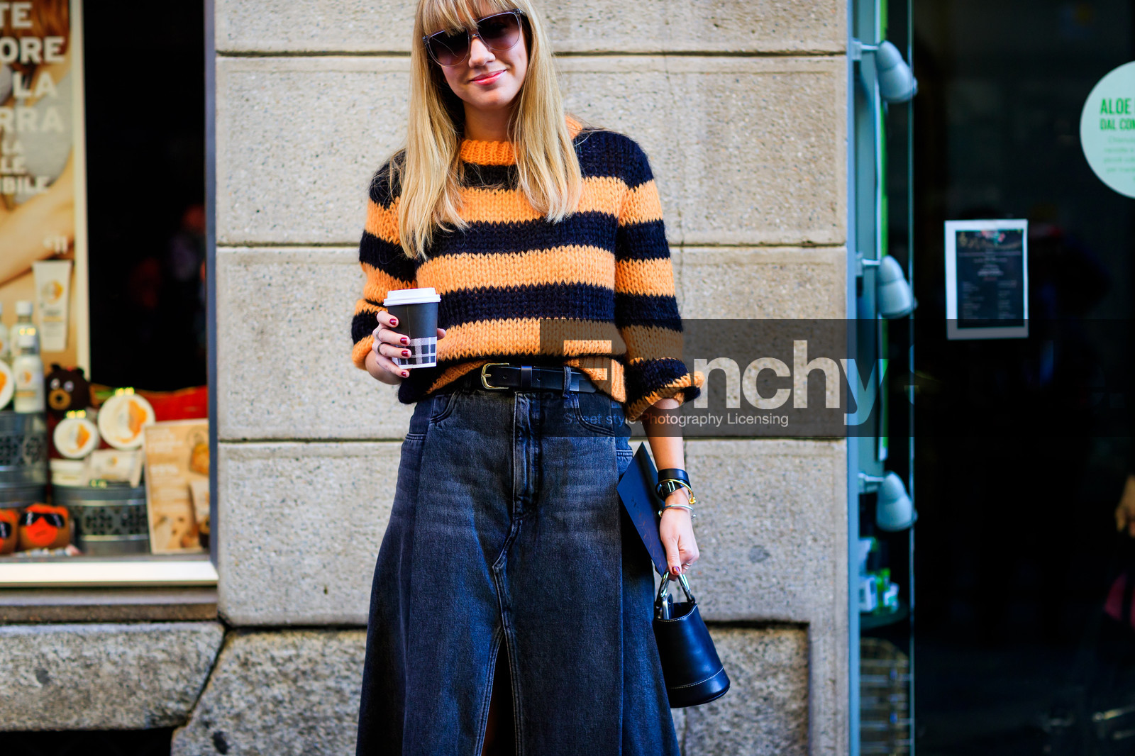 atmosphere details, AUTUMN WINTER 2017-2018, AW 17-18, black bag, black denim, denim skirt, detail, FALL WINTER 2017-2018, fashion week, frenchystyle, FW, FW 17-18, geometric, graphic sweater, horizontal, jonathan paciullo, leather bag, lisa aiken, long skirt, MFW, MILAN, mini bag, printed sweater, street style, striped sweater, stripes, sunglasses
