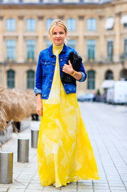 AUTUMN WINTER 2016-2017, AW 16-17, black bag, blue denim, denim jacket, FALL WINTER 2016-2017, fashion week, frenchystyle, full length, FW, FW 16-17, HAUTE COUTURE, jonathan paciullo, long dress, MENSWEAR, PARIS, PFW, street style, suede bag, vertical, yellow dress