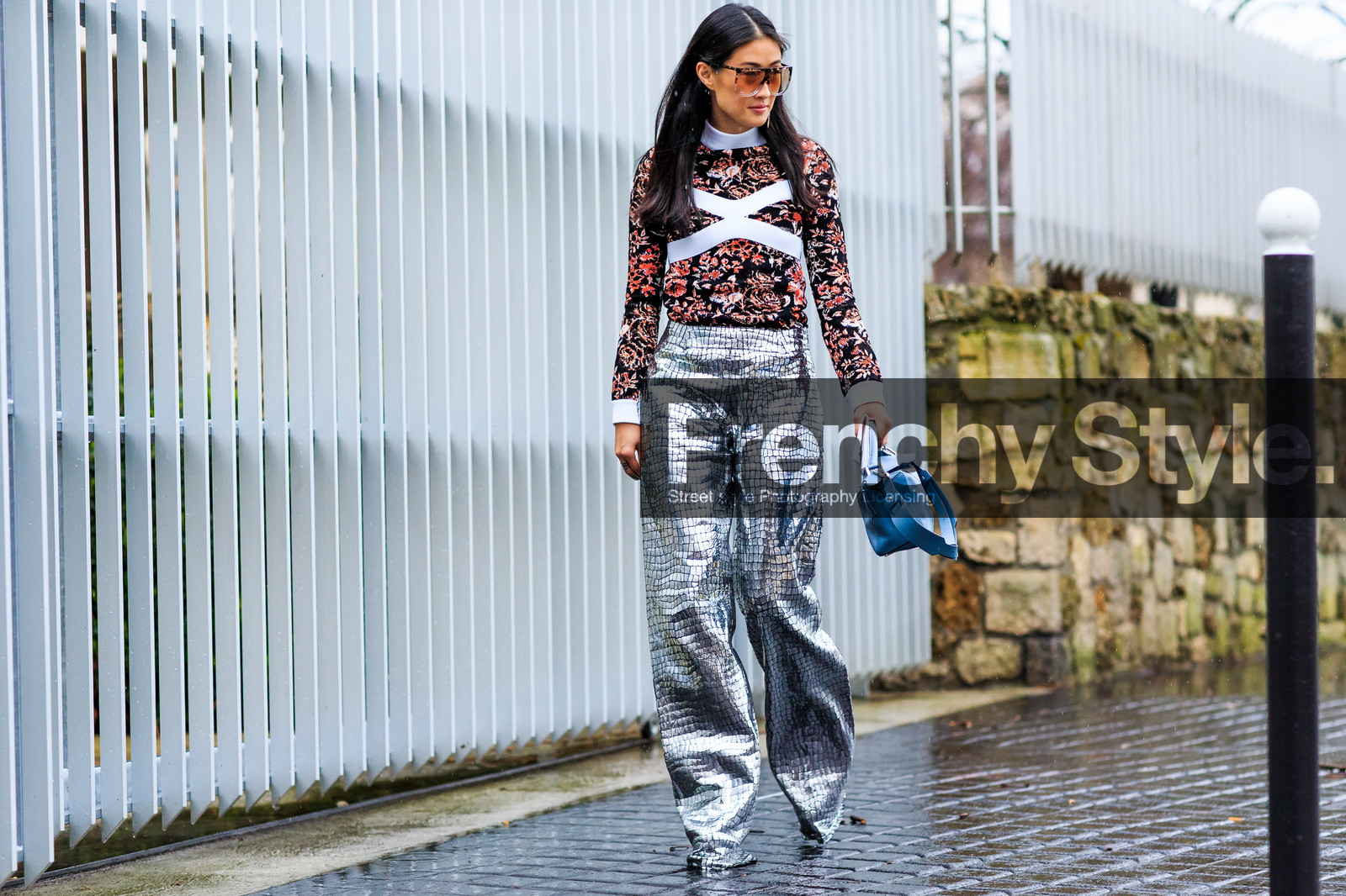 atmosphere details, AUTUMN WINTER 2016-2017, AW 16-17, blue bag, FALL WINTER 2016-2017, fashion week, floral, flower, frenchystyle, full length, FW, FW 16-17, geometric, graphic top, horizontal, jonathan paciullo, justine lee, leather bag, leather pants, loewe, louis vuitton, PARIS, PFW, pink top, printed top, shiny pants, silver pants, street style, striped top, stripes, sunglasses, trousers, vuitton