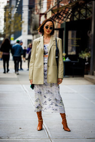 white printed long skirt, white knitted printed skirt, high heeled camel boots, straight leather beige blazer, white printed cropped top, white knitted cropped top, black sun glasses, black handbag, Chriselle Lim, fashion week, frenchystyle, FW, jonathan paciullo, street style, NYFW, NEW YORK, AUTUMN WINTER 2022-2023, FALL WINTER 2022_2023, FW 22-23, vertical, full length